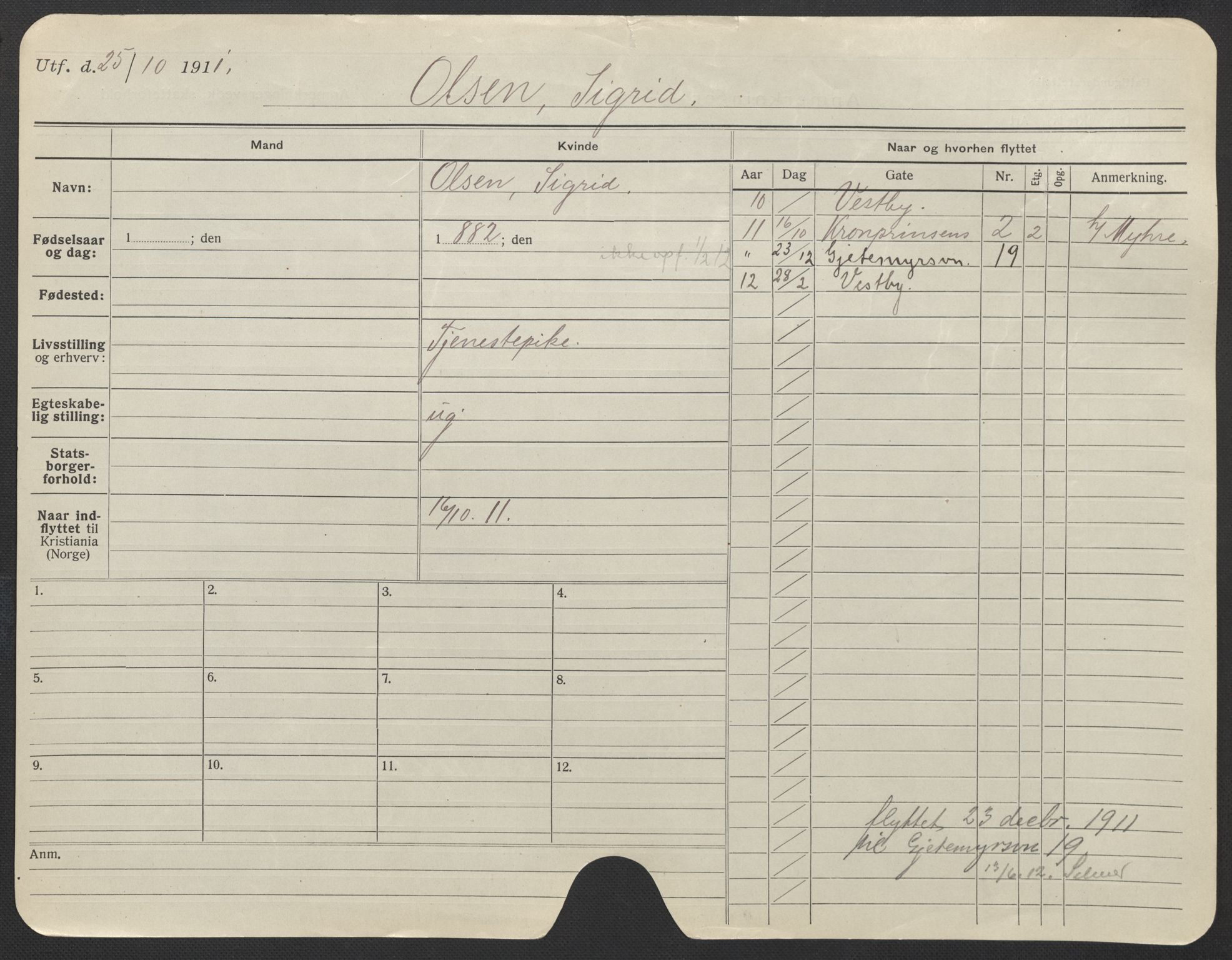 Oslo folkeregister, Registerkort, AV/SAO-A-11715/F/Fa/Fac/L0022: Kvinner, 1906-1914, p. 346a