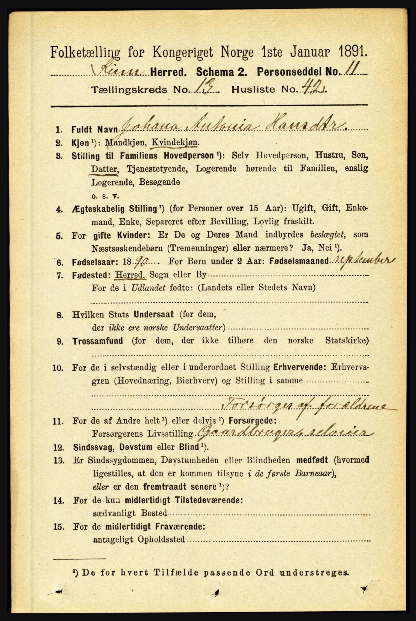 RA, 1891 census for 1437 Kinn, 1891, p. 5350