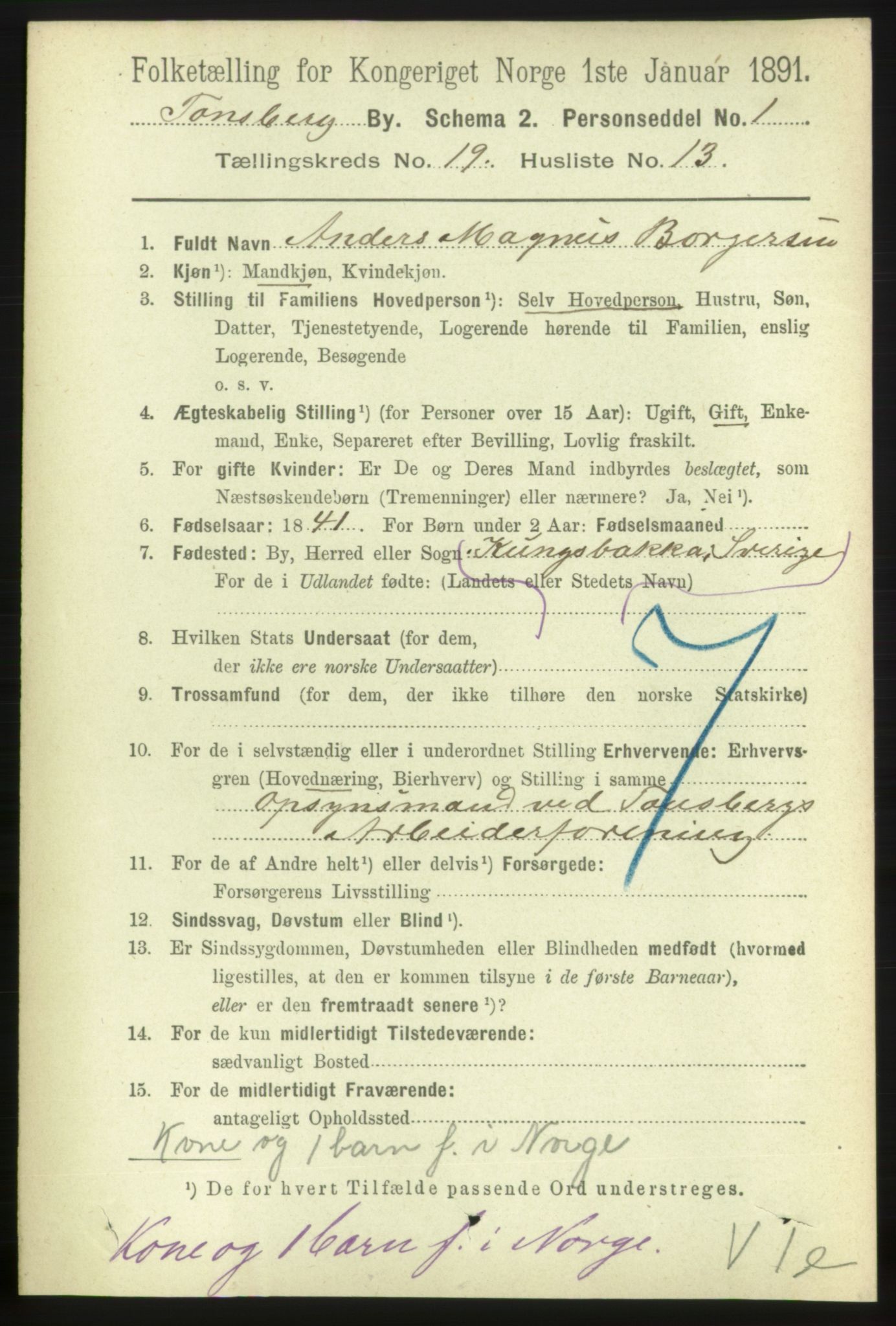 RA, 1891 census for 0705 Tønsberg, 1891, p. 5375