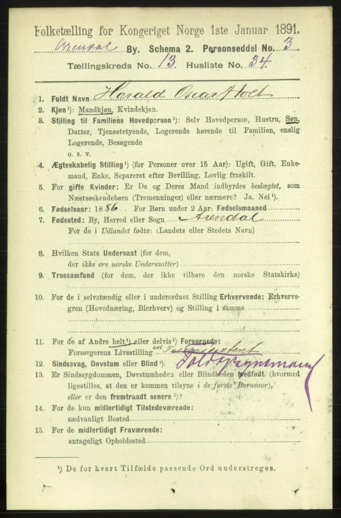 RA, 1891 census for 0903 Arendal, 1891, p. 4764