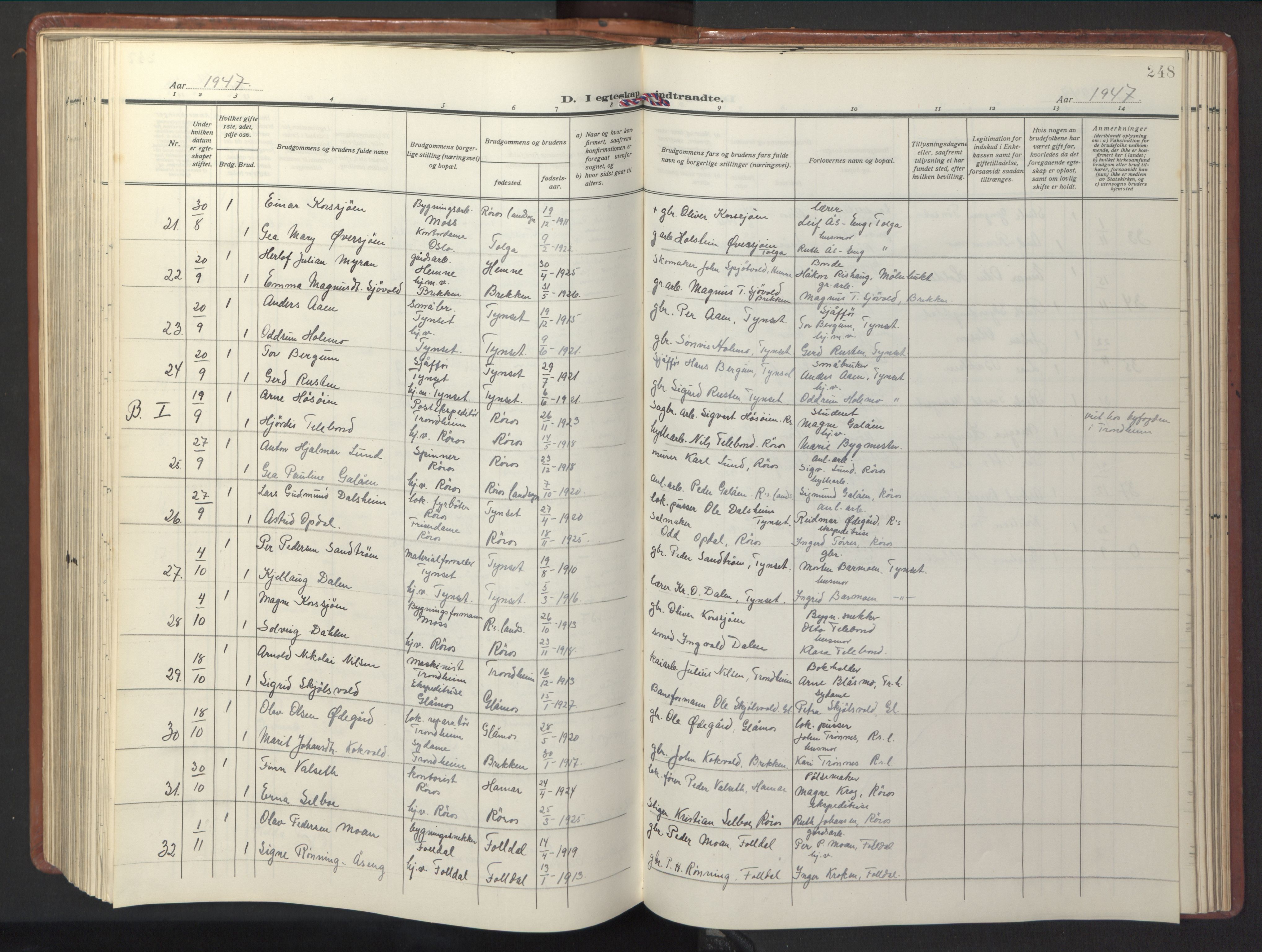 Ministerialprotokoller, klokkerbøker og fødselsregistre - Sør-Trøndelag, SAT/A-1456/681/L0943: Parish register (copy) no. 681C07, 1926-1954, p. 248