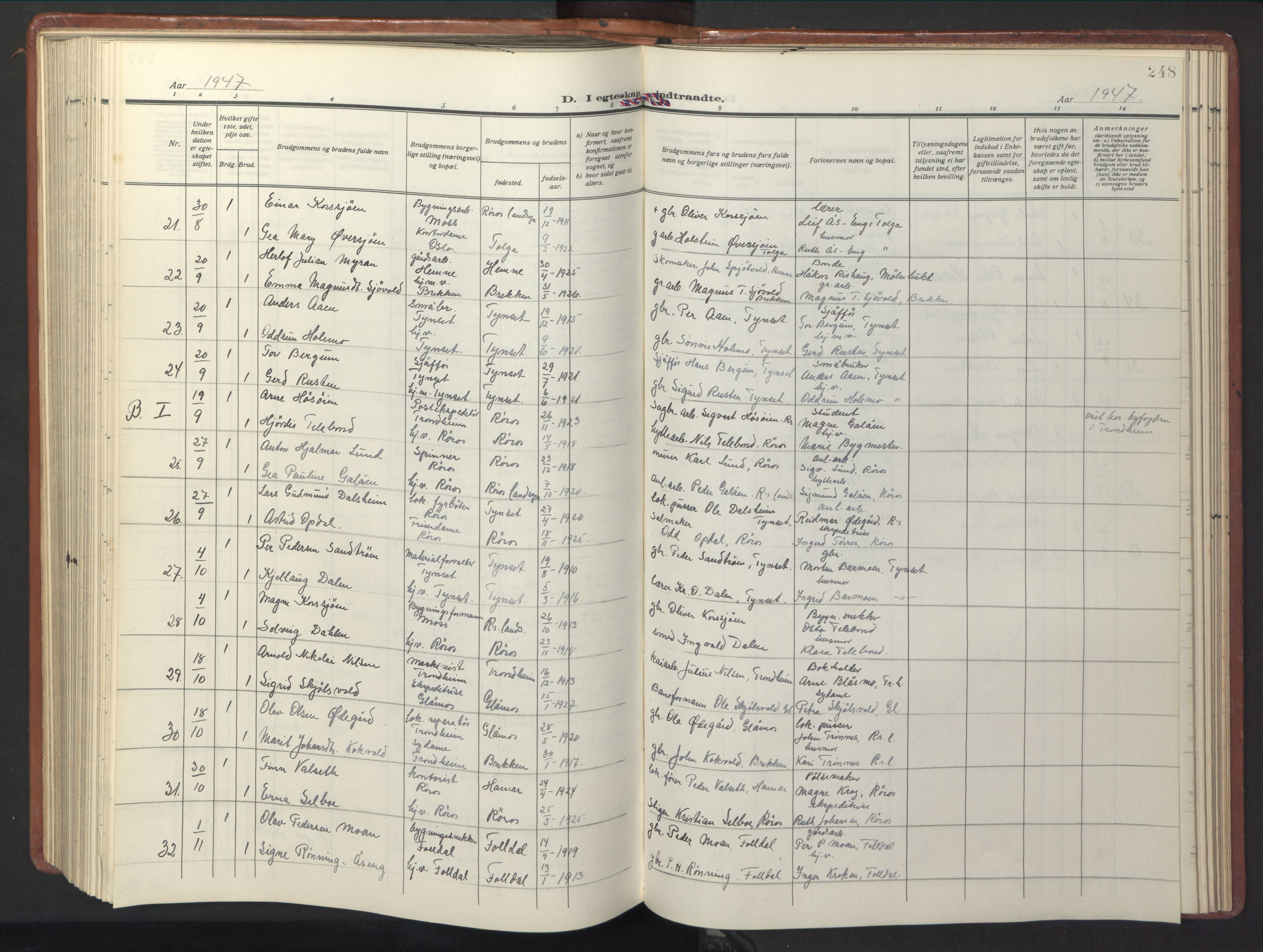 Ministerialprotokoller, klokkerbøker og fødselsregistre - Sør-Trøndelag, AV/SAT-A-1456/681/L0943: Parish register (copy) no. 681C07, 1926-1954, p. 248