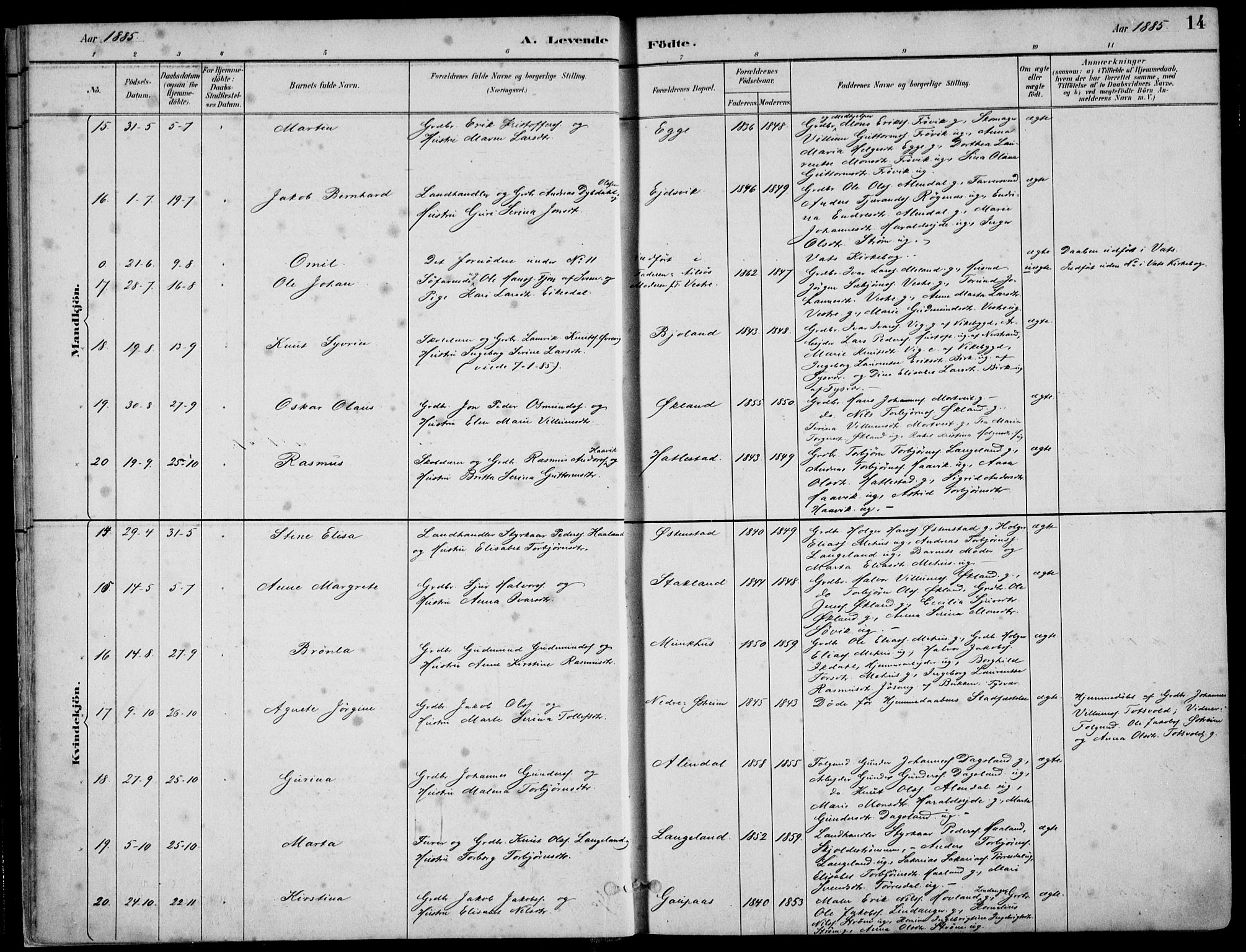 Skjold sokneprestkontor, SAST/A-101847/H/Ha/Haa/L0010: Parish register (official) no. A 10, 1882-1897, p. 14
