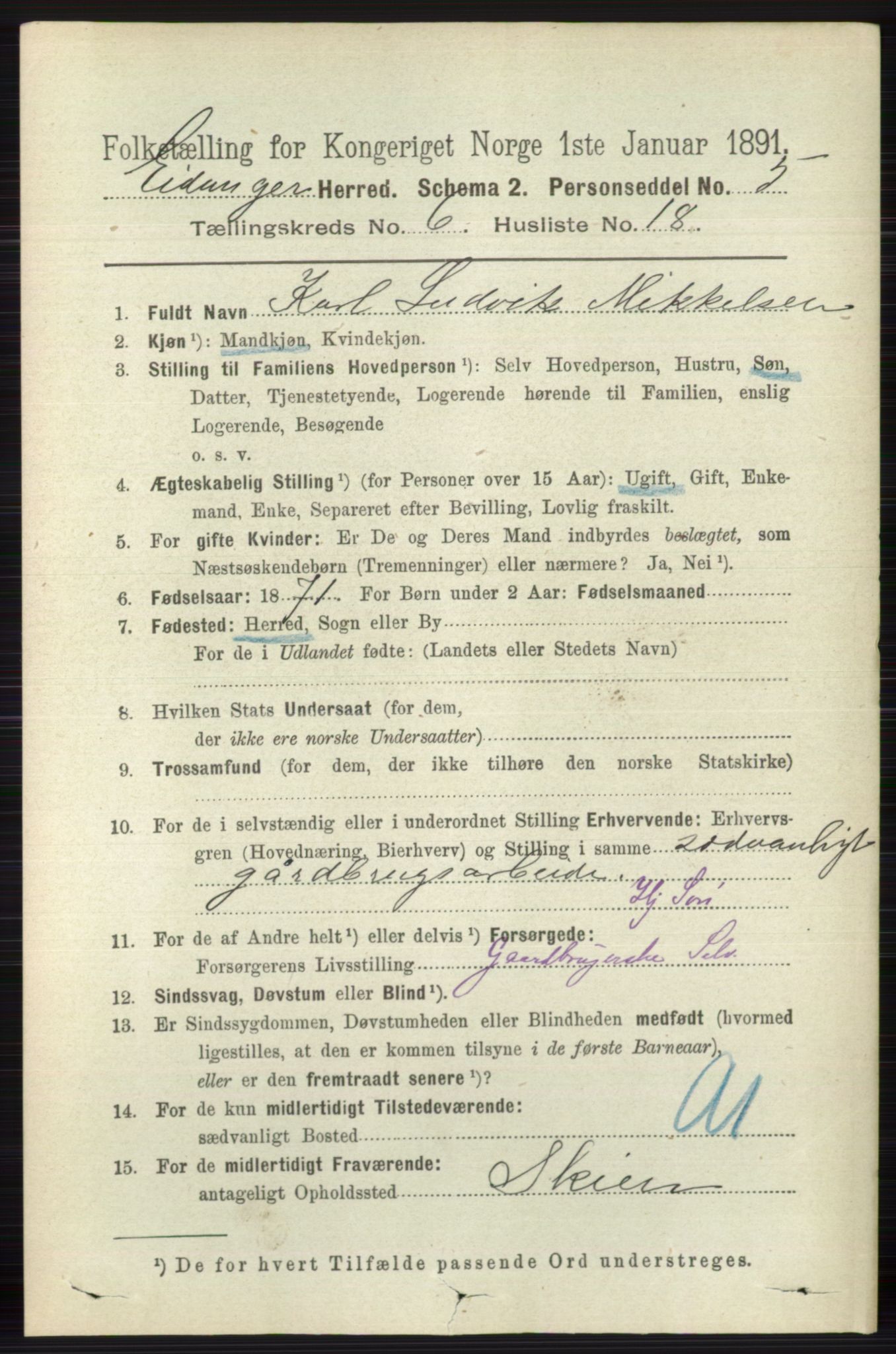 RA, 1891 census for 0813 Eidanger, 1891, p. 2698