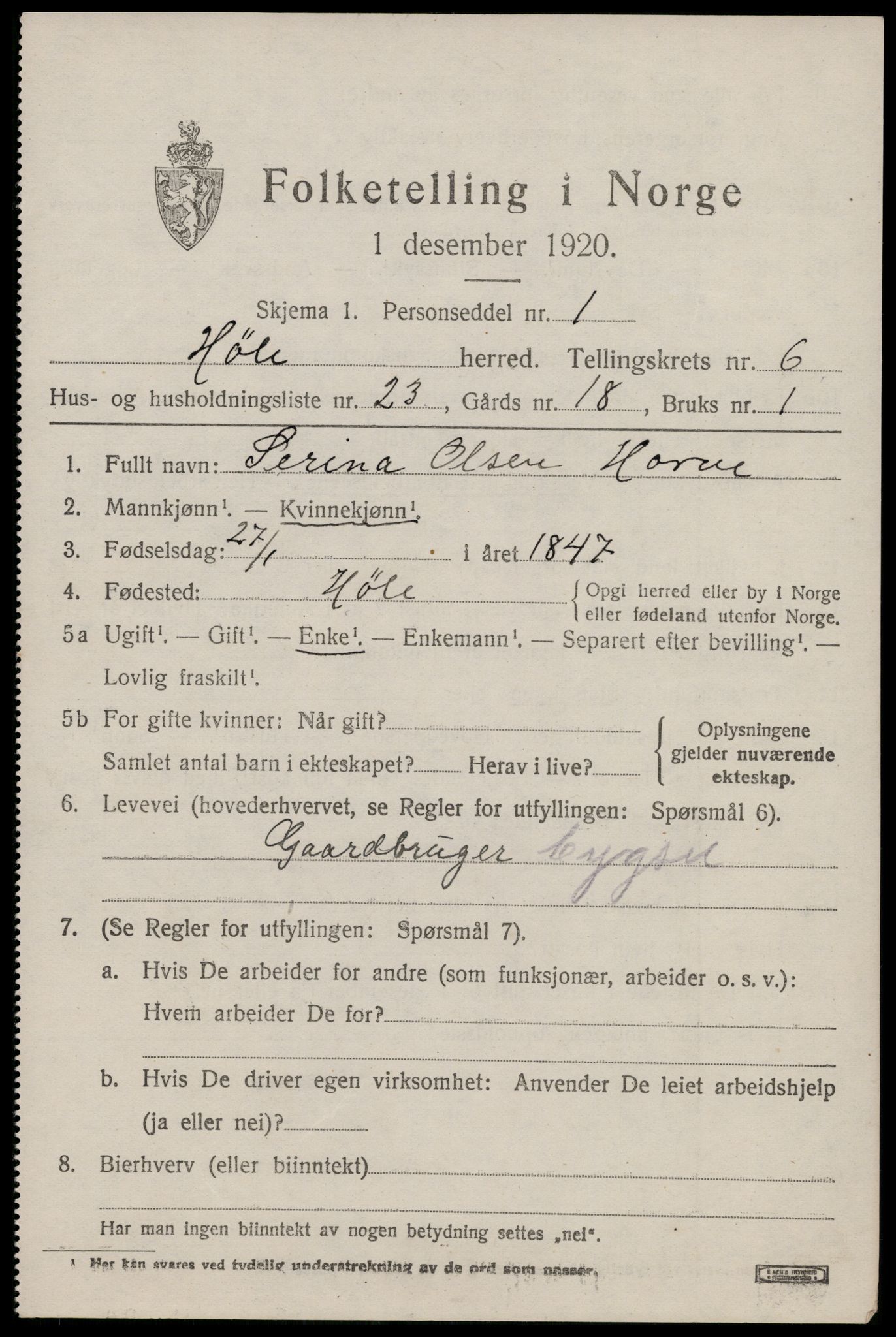 SAST, 1920 census for Høle, 1920, p. 1999