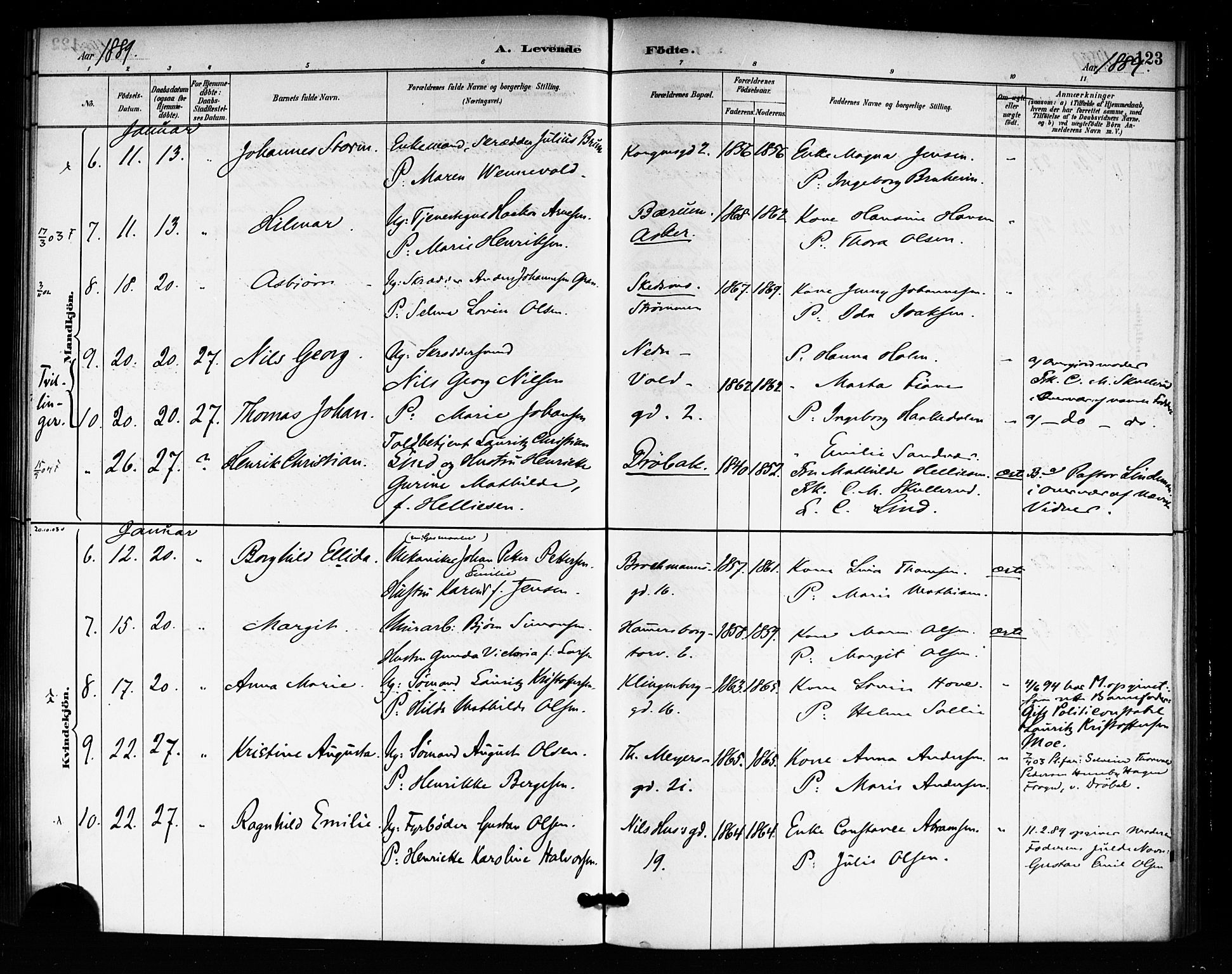 Rikshospitalet prestekontor Kirkebøker, SAO/A-10309b/F/L0007: Parish register (official) no. 7, 1885-1890, p. 123