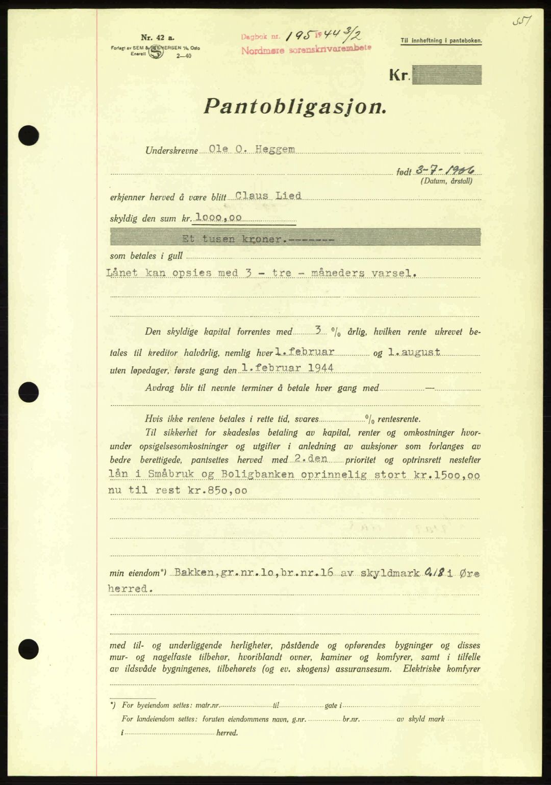 Nordmøre sorenskriveri, AV/SAT-A-4132/1/2/2Ca: Mortgage book no. B91, 1943-1944, Diary no: : 195/1944