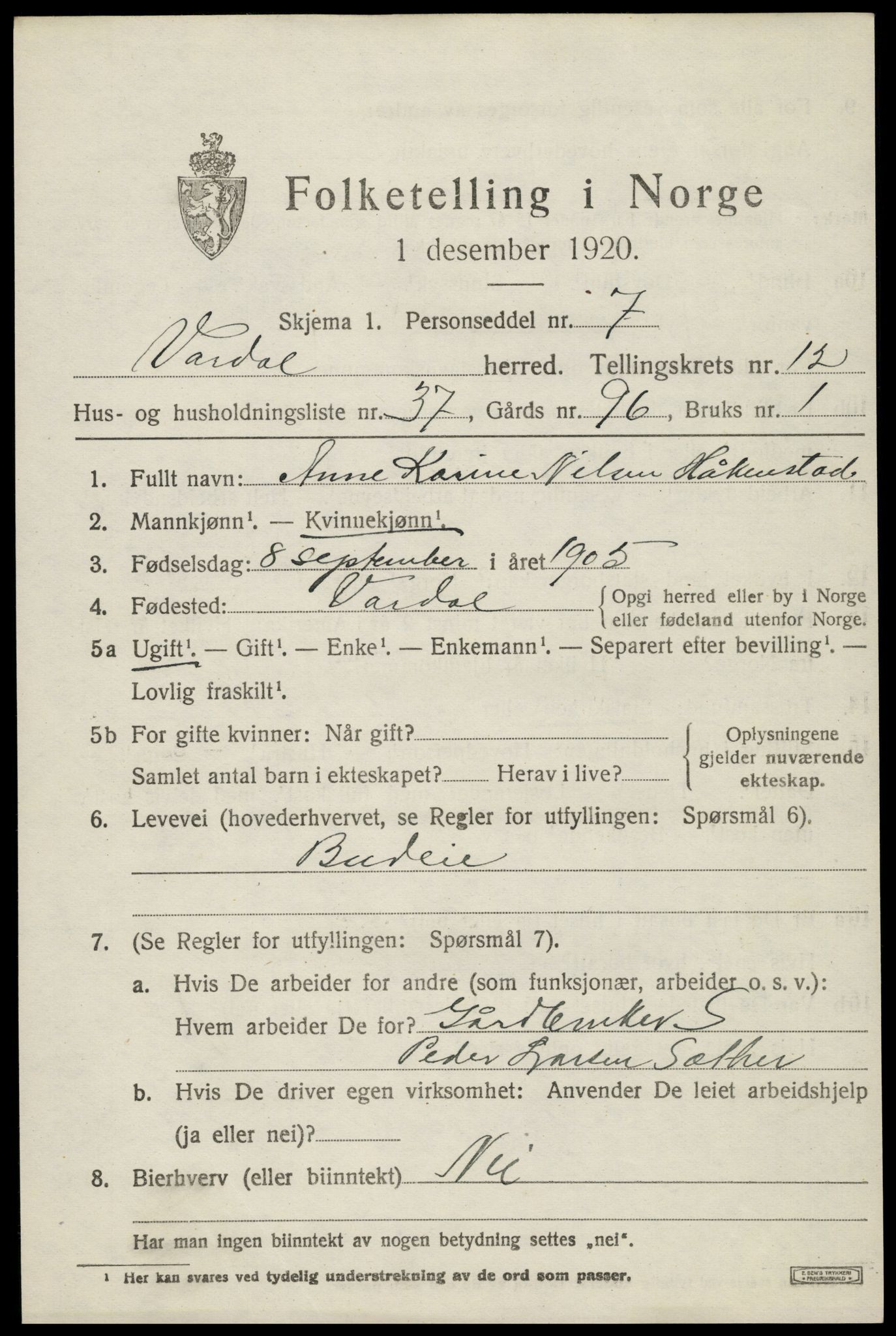 SAH, 1920 census for Vardal, 1920, p. 13597