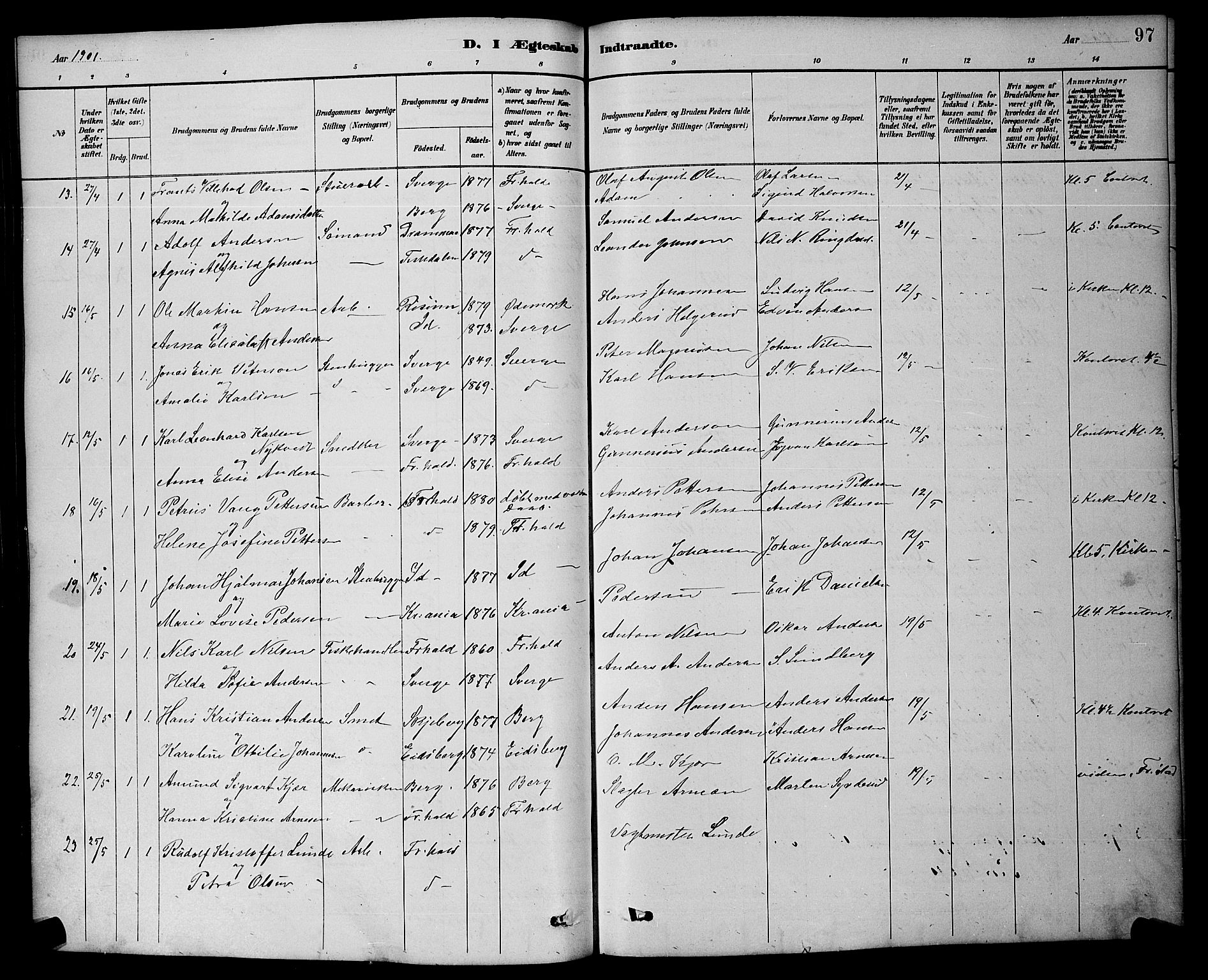 Halden prestekontor Kirkebøker, SAO/A-10909/G/Ga/L0009: Parish register (copy) no. 9, 1885-1908, p. 97