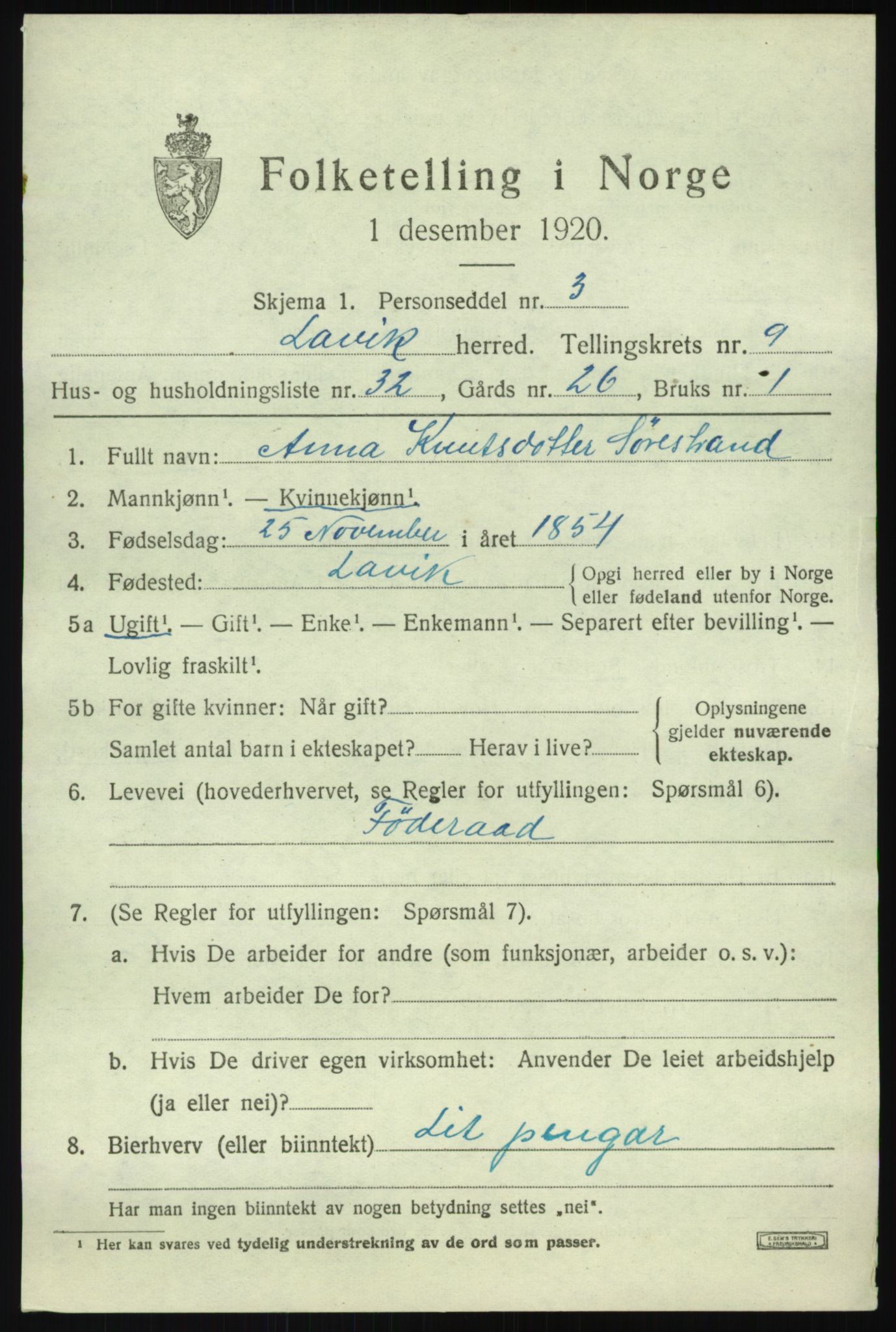 SAB, 1920 census for Lavik, 1920, p. 2262