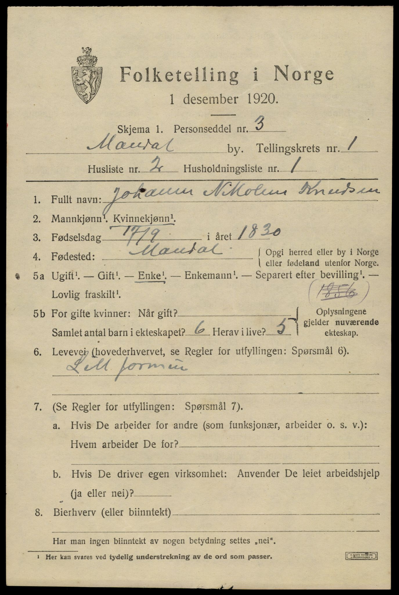 SAK, 1920 census for Mandal, 1920, p. 3277
