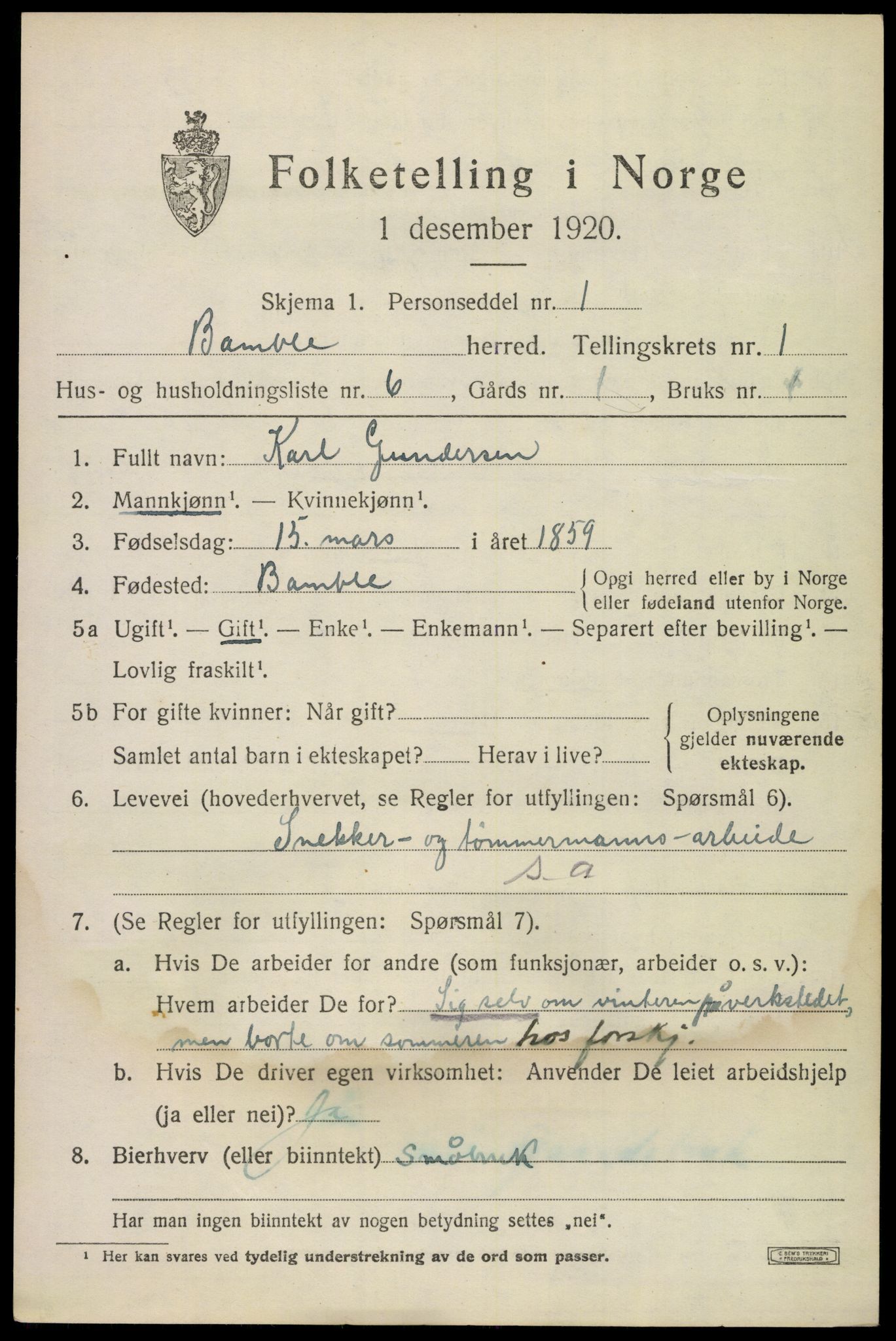 SAKO, 1920 census for Bamble, 1920, p. 2037