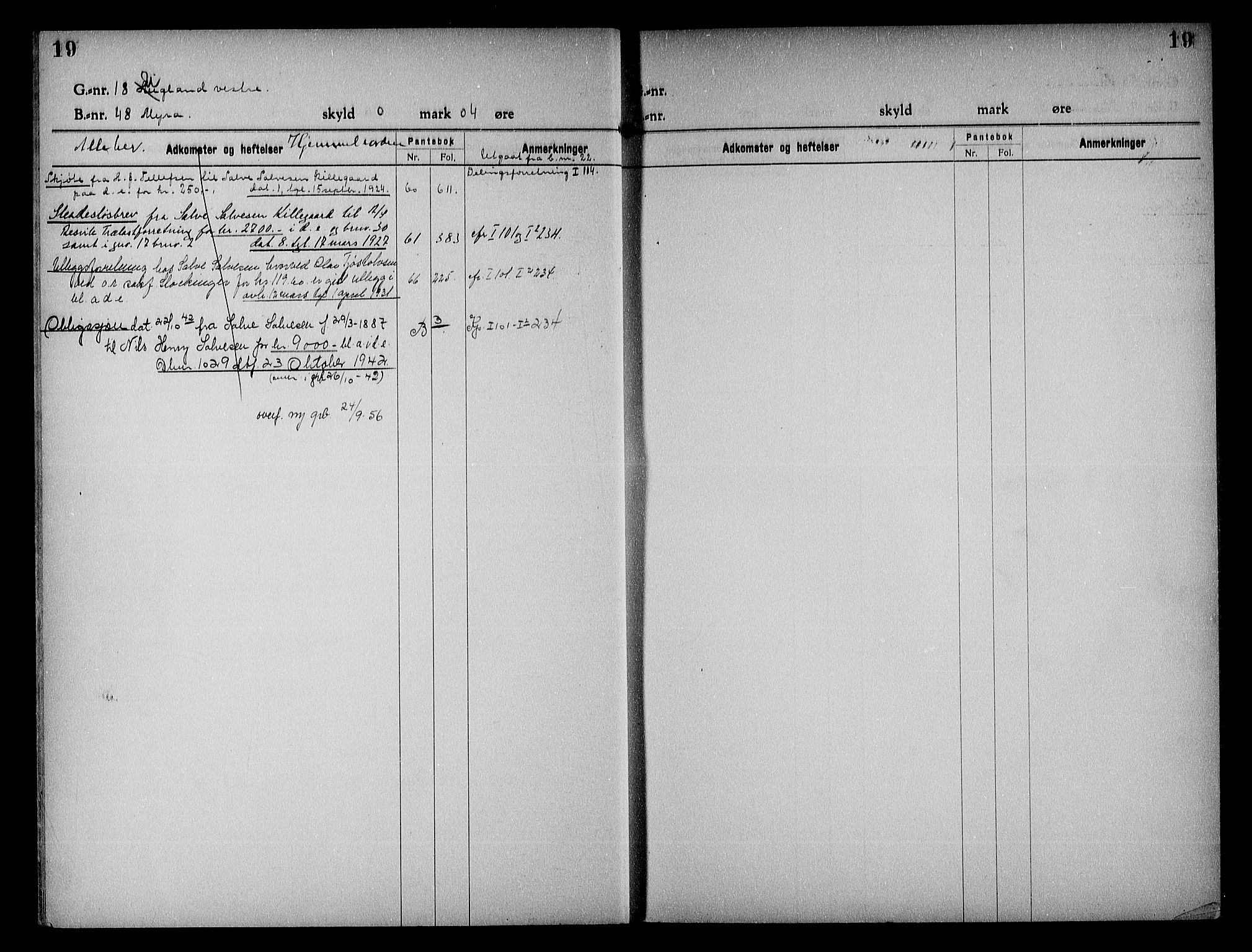 Vestre Nedenes/Sand sorenskriveri, SAK/1221-0010/G/Ga/L0023: Mortgage register no. 16, 1923-1957, p. 19