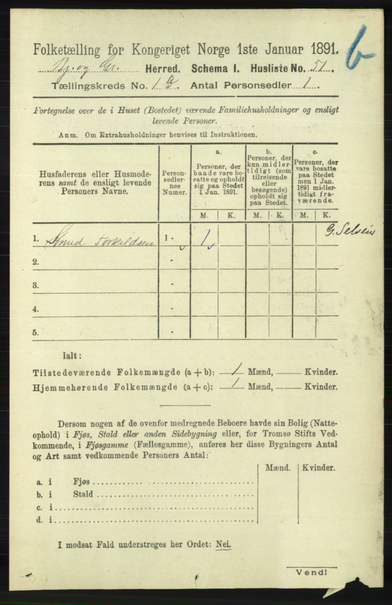 RA, 1891 census for 1024 Bjelland og Grindheim, 1891, p. 765