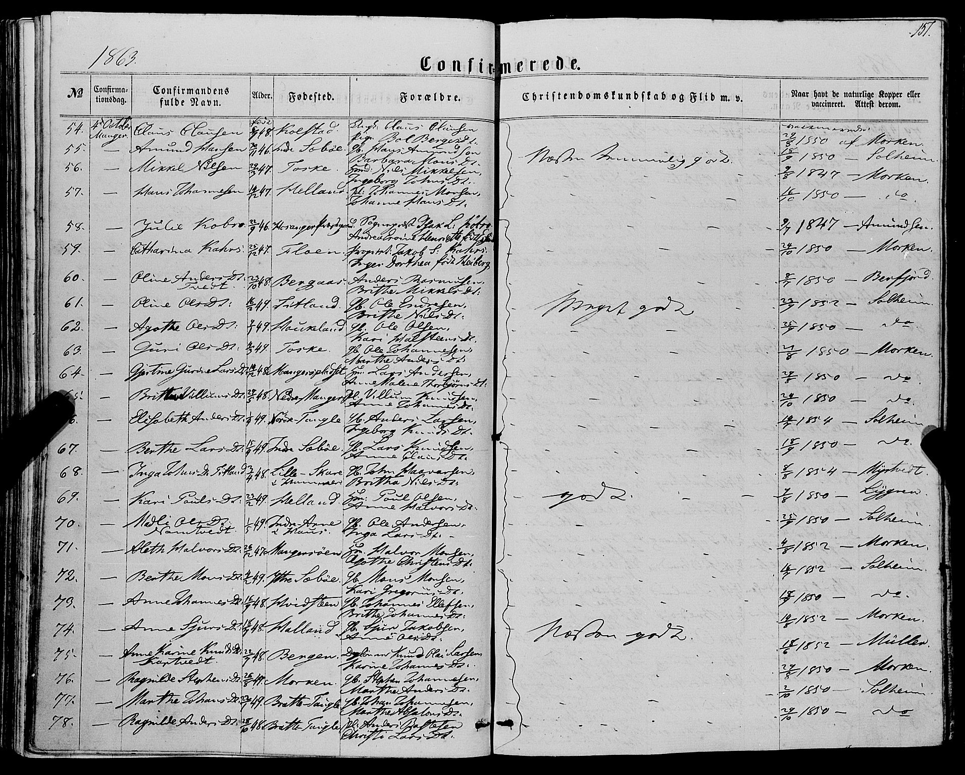 Manger sokneprestembete, AV/SAB-A-76801/H/Haa: Parish register (official) no. A 7, 1860-1870, p. 157