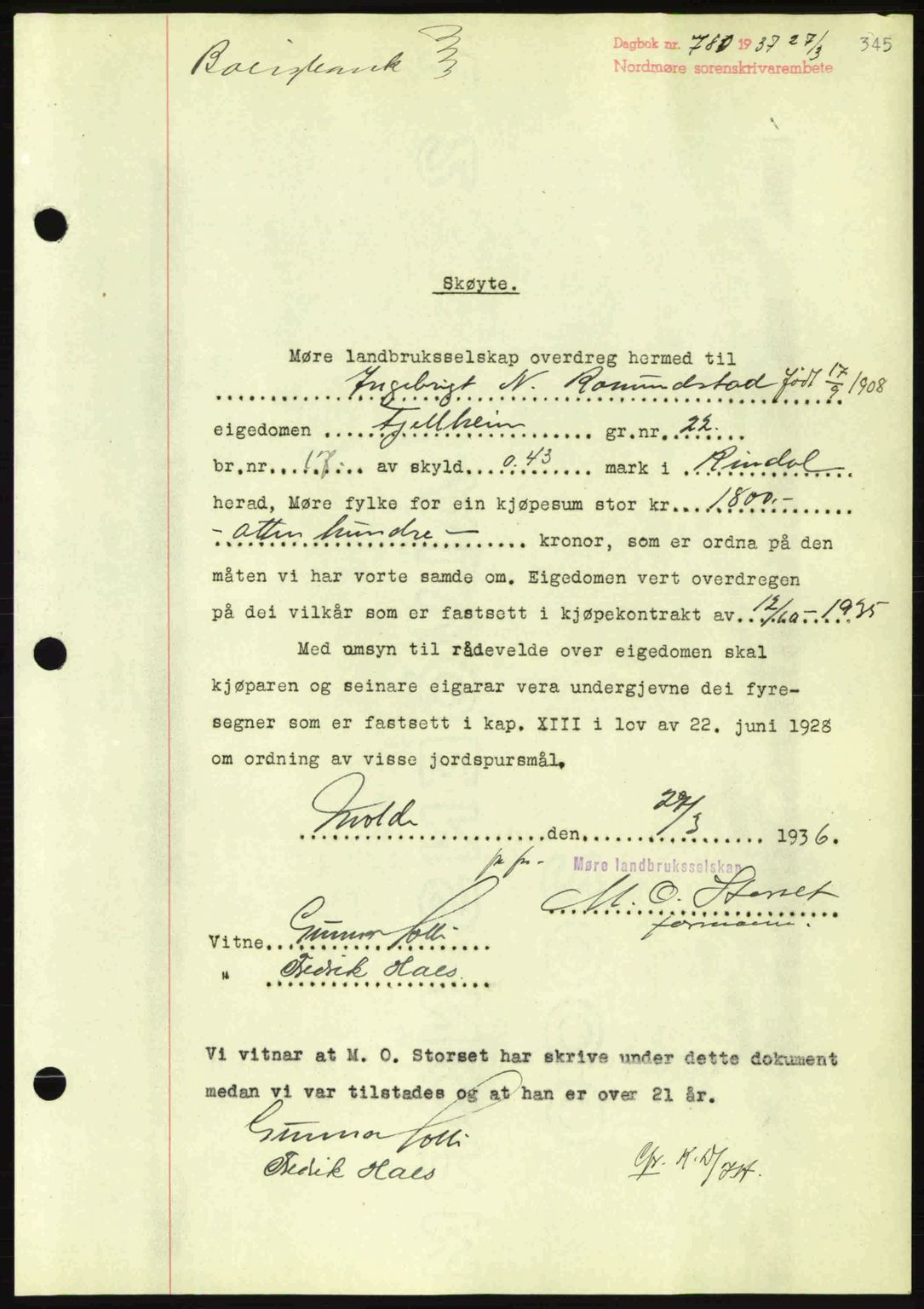 Nordmøre sorenskriveri, AV/SAT-A-4132/1/2/2Ca: Mortgage book no. A81, 1937-1937, Diary no: : 780/1937