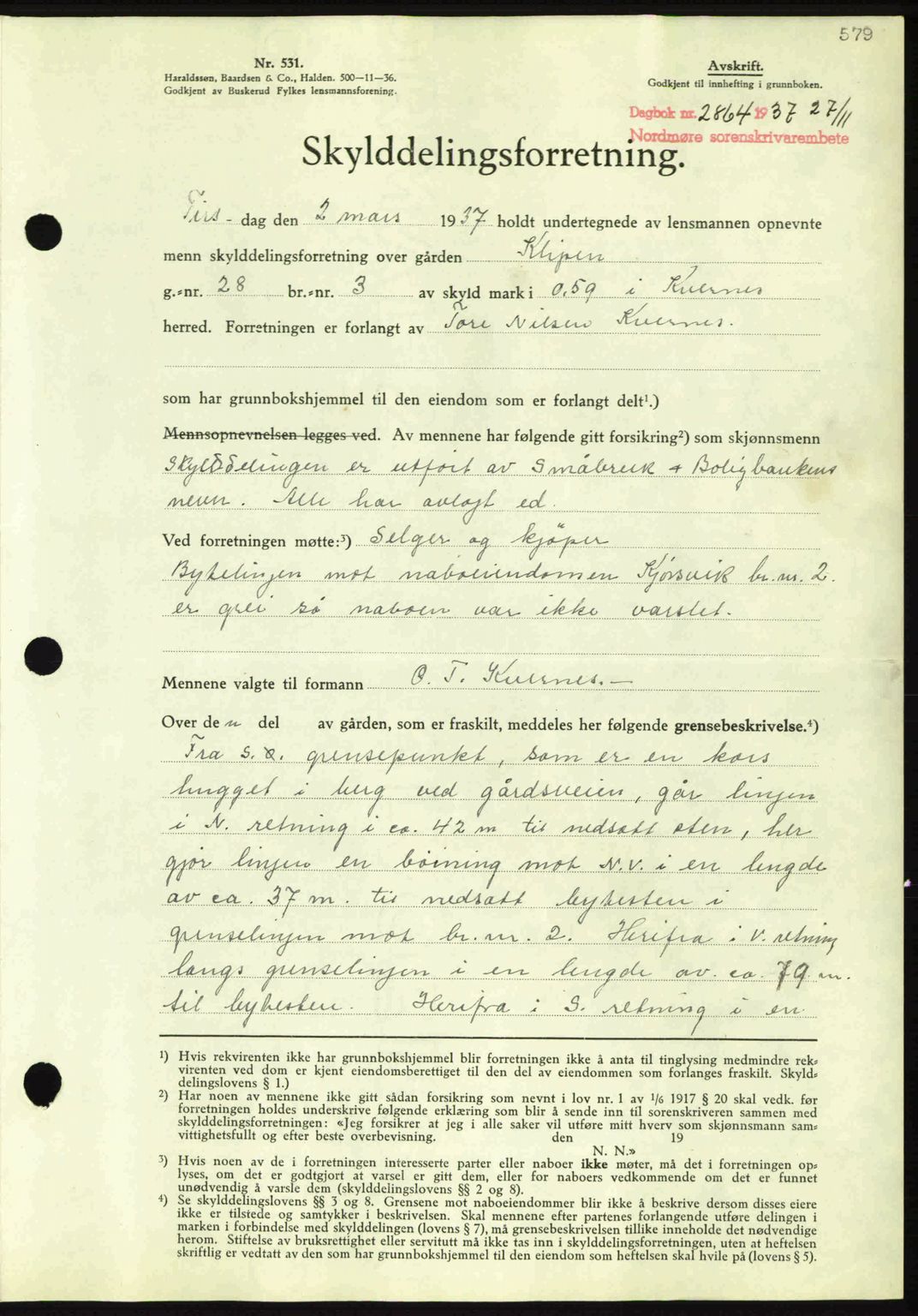 Nordmøre sorenskriveri, AV/SAT-A-4132/1/2/2Ca: Mortgage book no. A82, 1937-1938, Diary no: : 2864/1937