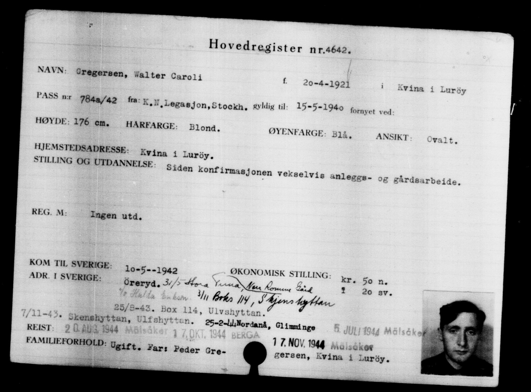 Utenriksstasjonene, Legasjonen i Stockholm, Flyktningkontoret, AV/RA-S-6753/V/Va/L0004: Kjesäterkartoteket, flyktninger med registreringsnr. 3496-6610, 1940-1945, p. 1357