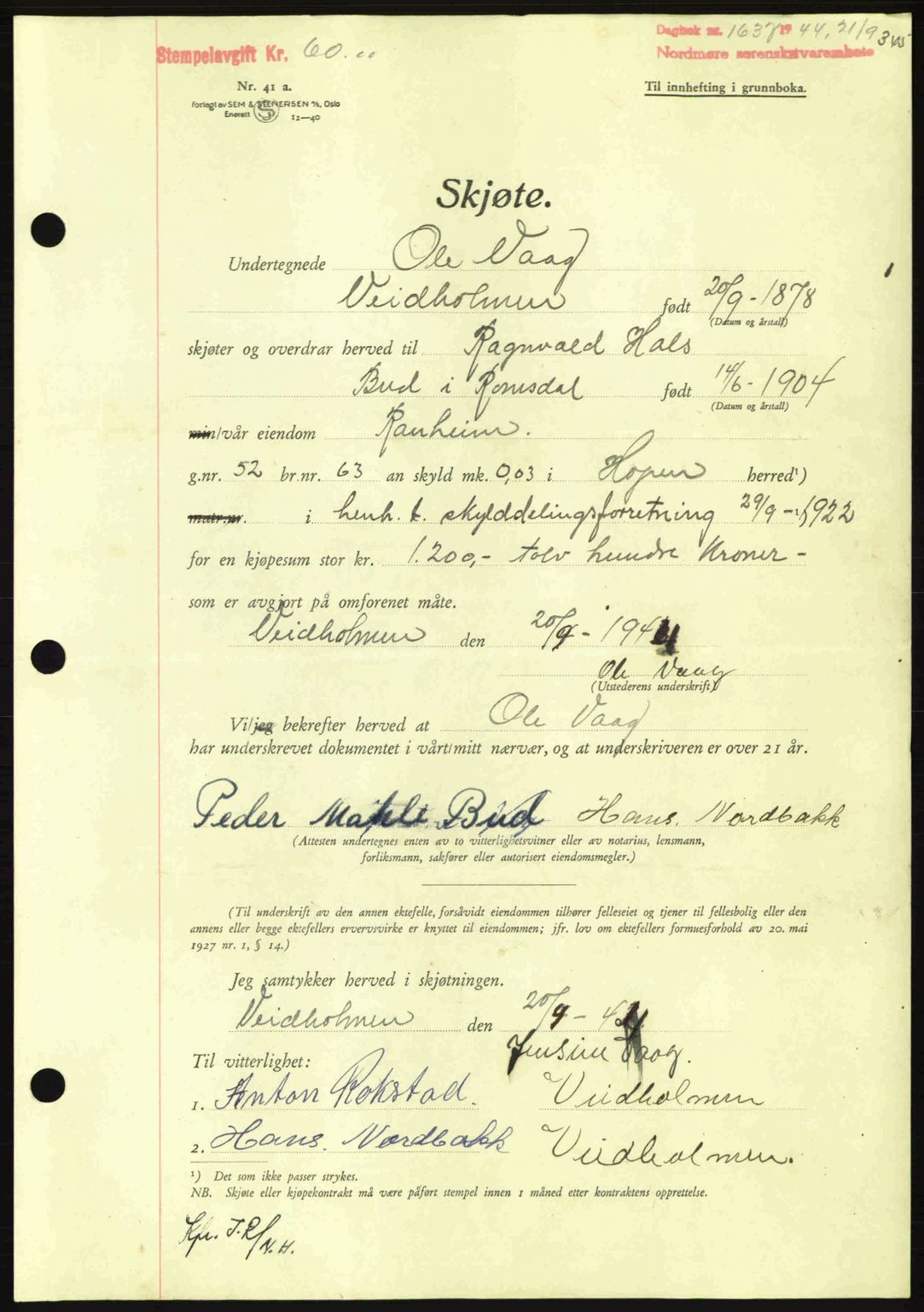 Nordmøre sorenskriveri, AV/SAT-A-4132/1/2/2Ca: Mortgage book no. A98, 1944-1944, Diary no: : 1637/1944