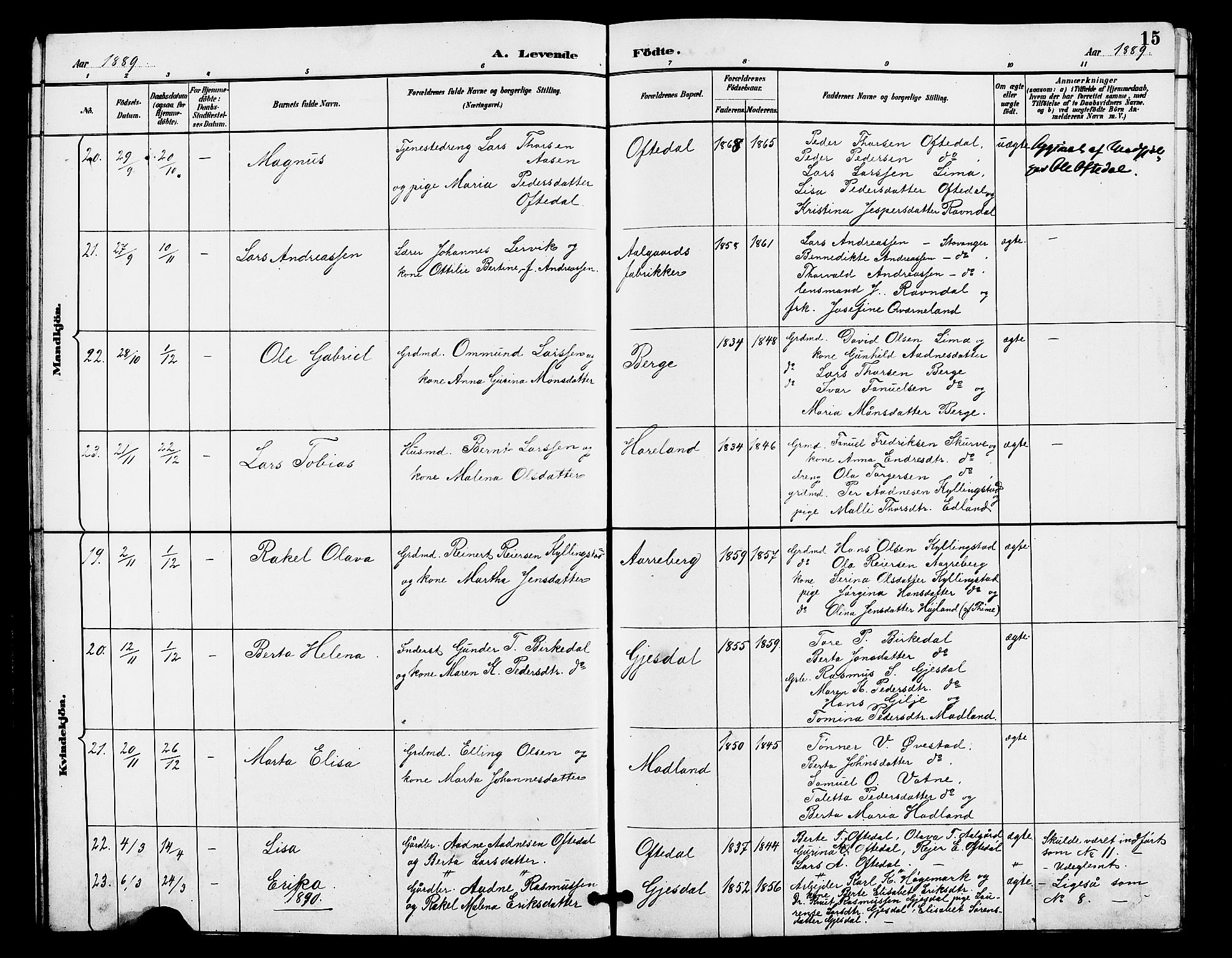 Lye sokneprestkontor, AV/SAST-A-101794/001/30BB/L0008: Parish register (copy) no. B 7, 1887-1901, p. 15