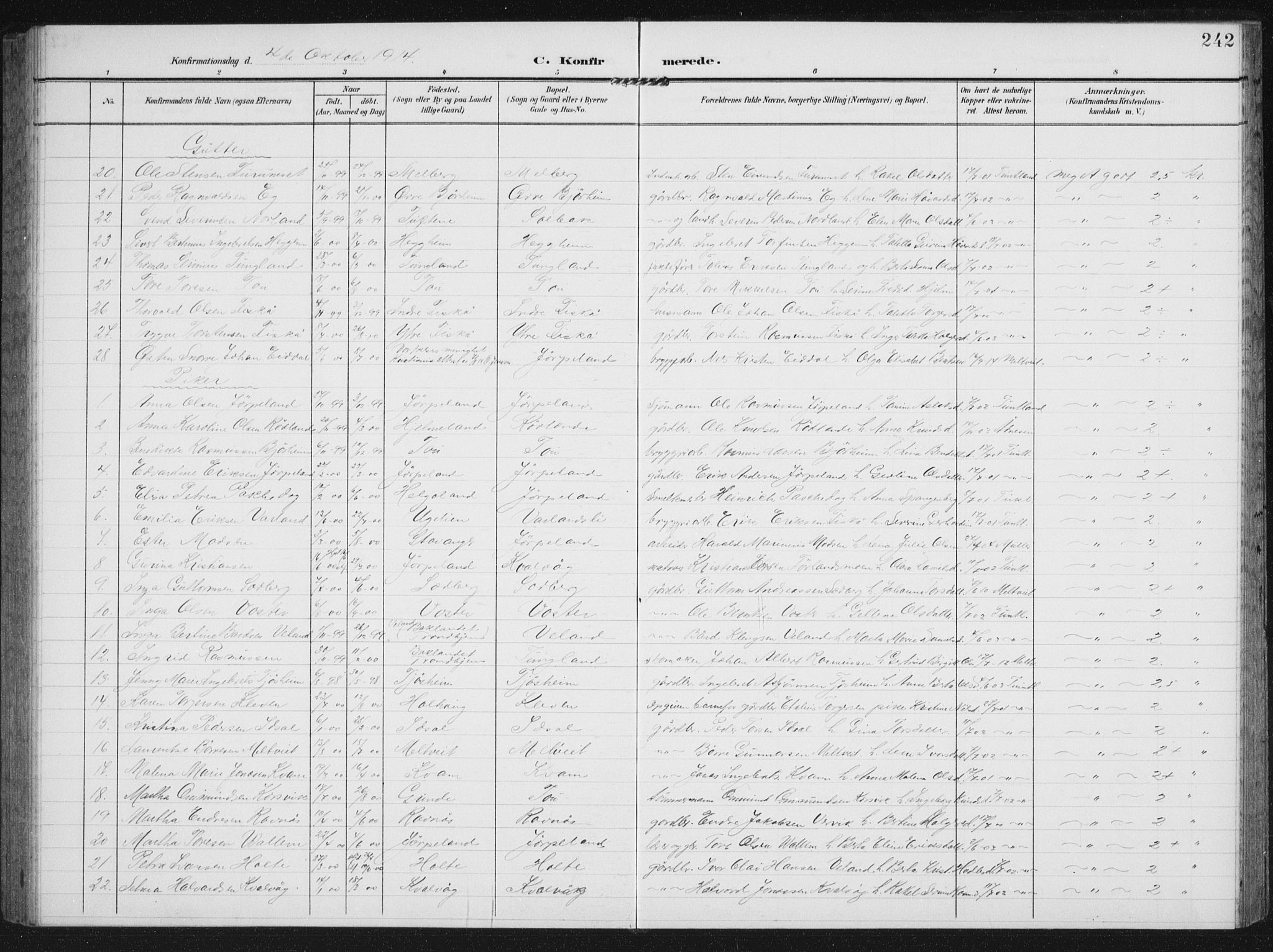 Strand sokneprestkontor, AV/SAST-A-101828/H/Ha/Hab/L0005: Parish register (copy) no. B 5, 1904-1934, p. 242