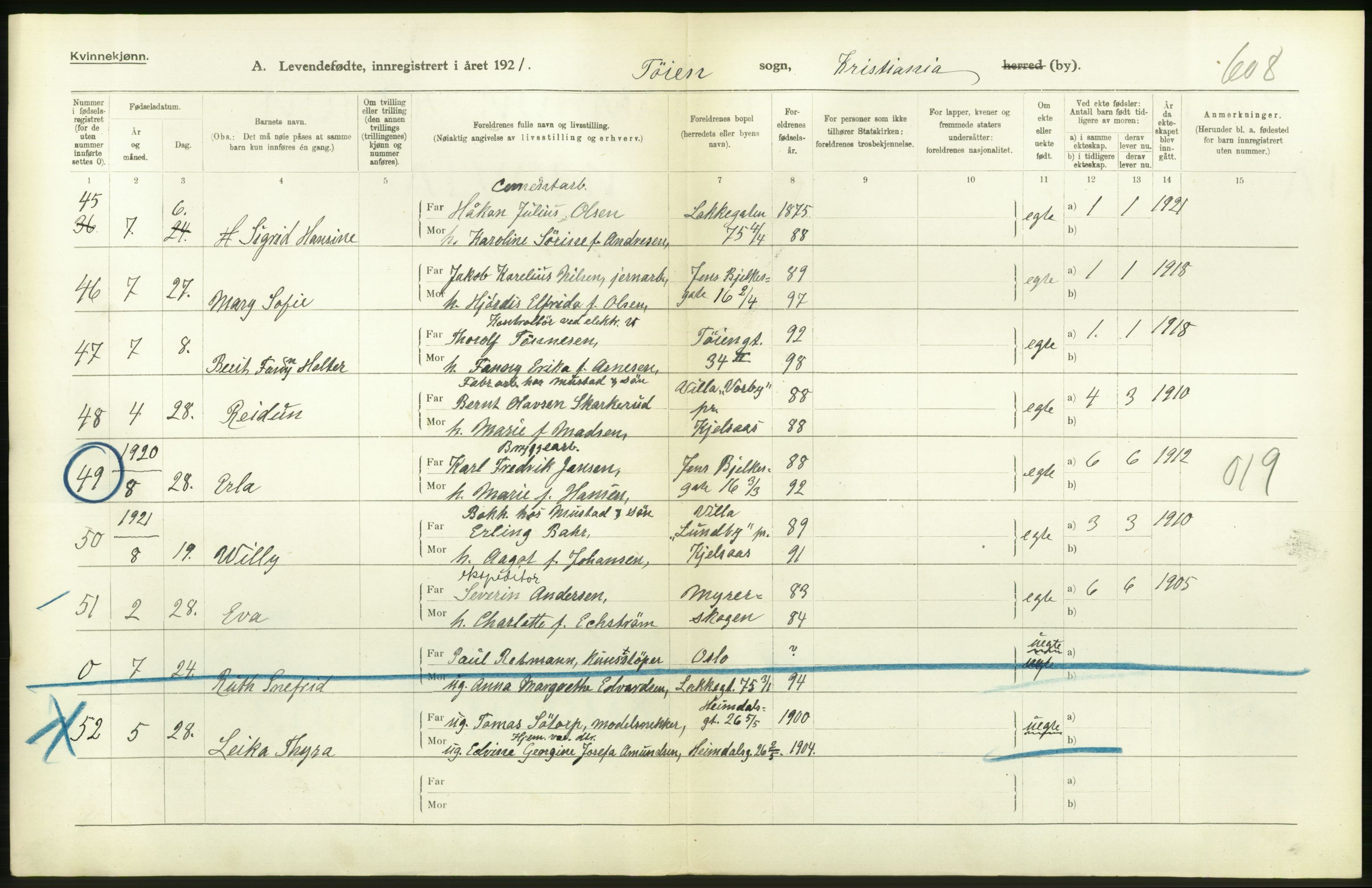 Statistisk sentralbyrå, Sosiodemografiske emner, Befolkning, AV/RA-S-2228/D/Df/Dfc/Dfca/L0009: Kristiania: Levendefødte menn og kvinner., 1921, p. 310