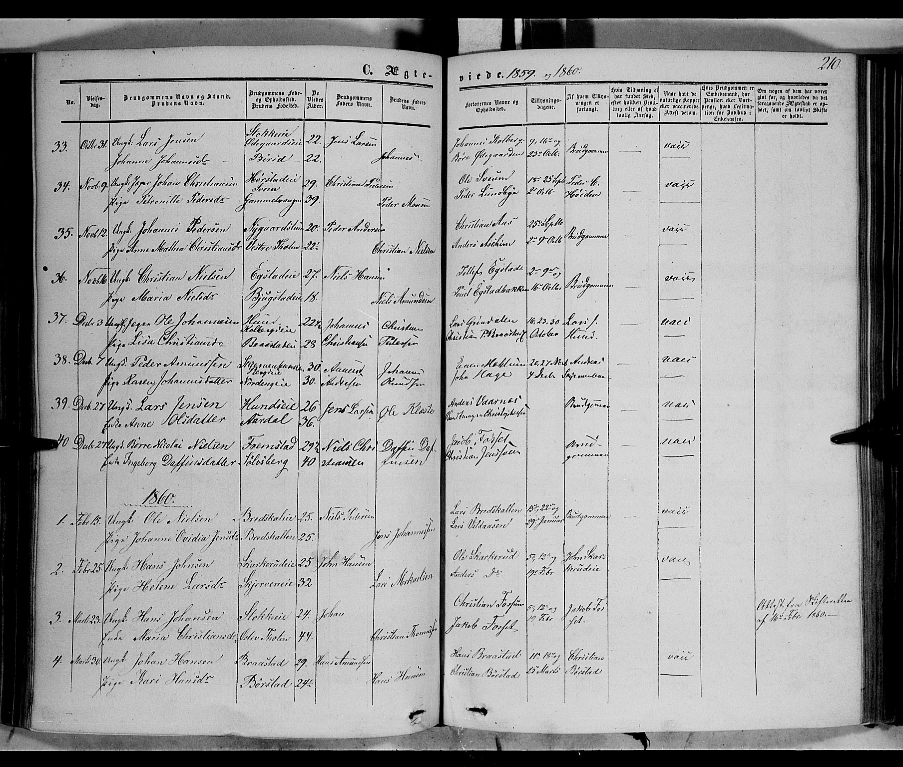 Vardal prestekontor, SAH/PREST-100/H/Ha/Haa/L0006: Parish register (official) no. 6, 1854-1866, p. 210