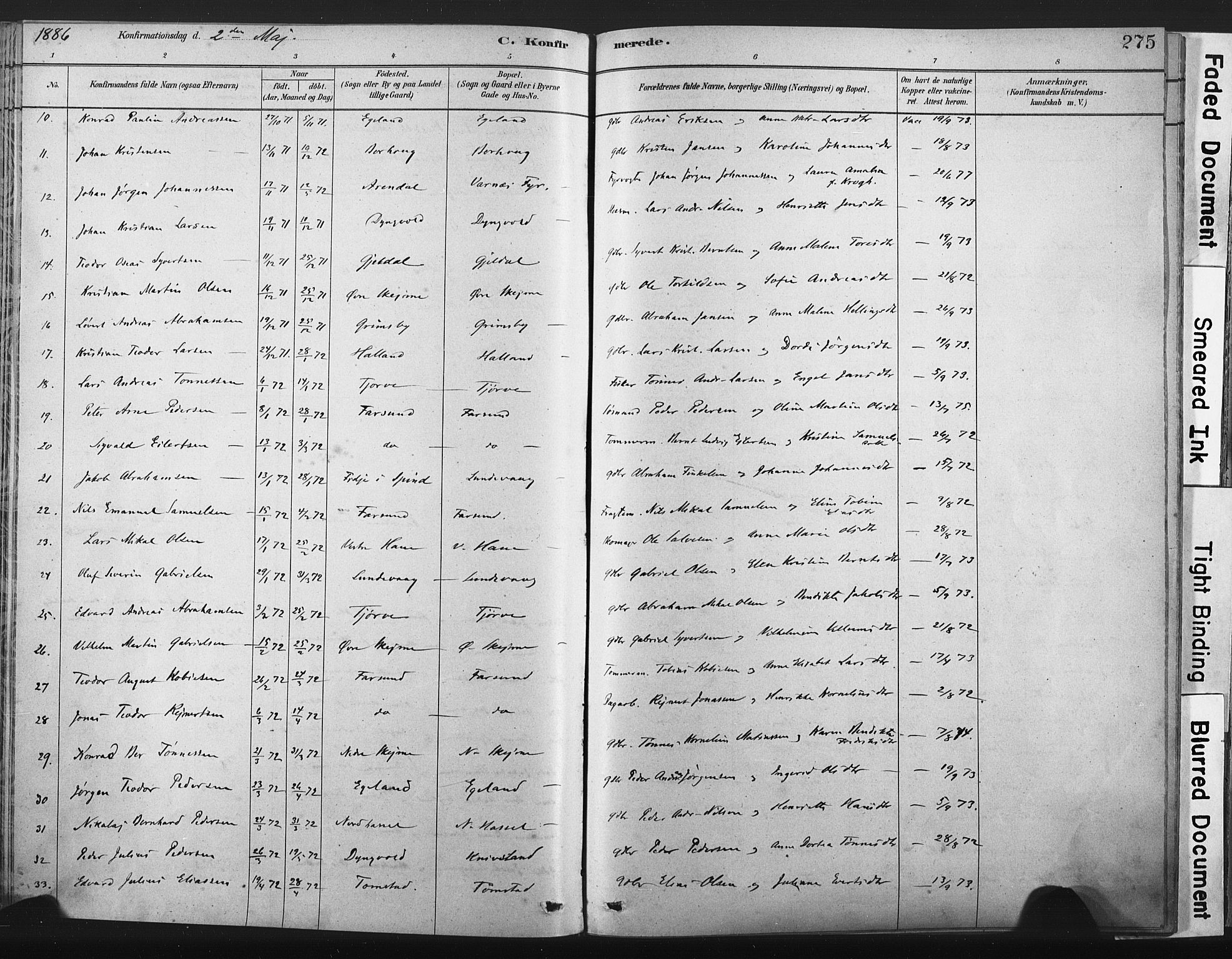 Lista sokneprestkontor, AV/SAK-1111-0027/F/Fa/L0012: Parish register (official) no. A 12, 1879-1903, p. 275