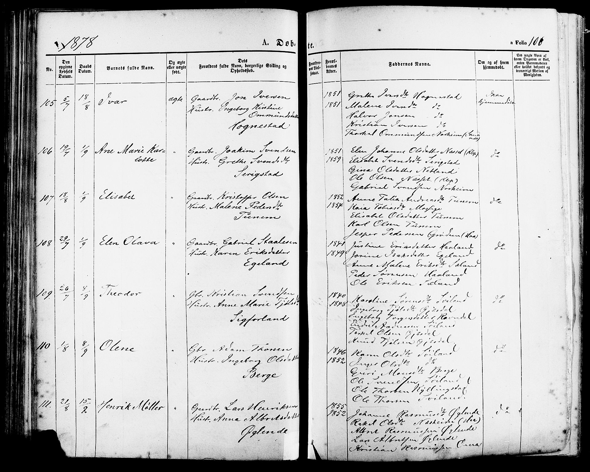 Lye sokneprestkontor, AV/SAST-A-101794/001/30BA/L0008: Parish register (official) no. A 7, 1872-1881, p. 106