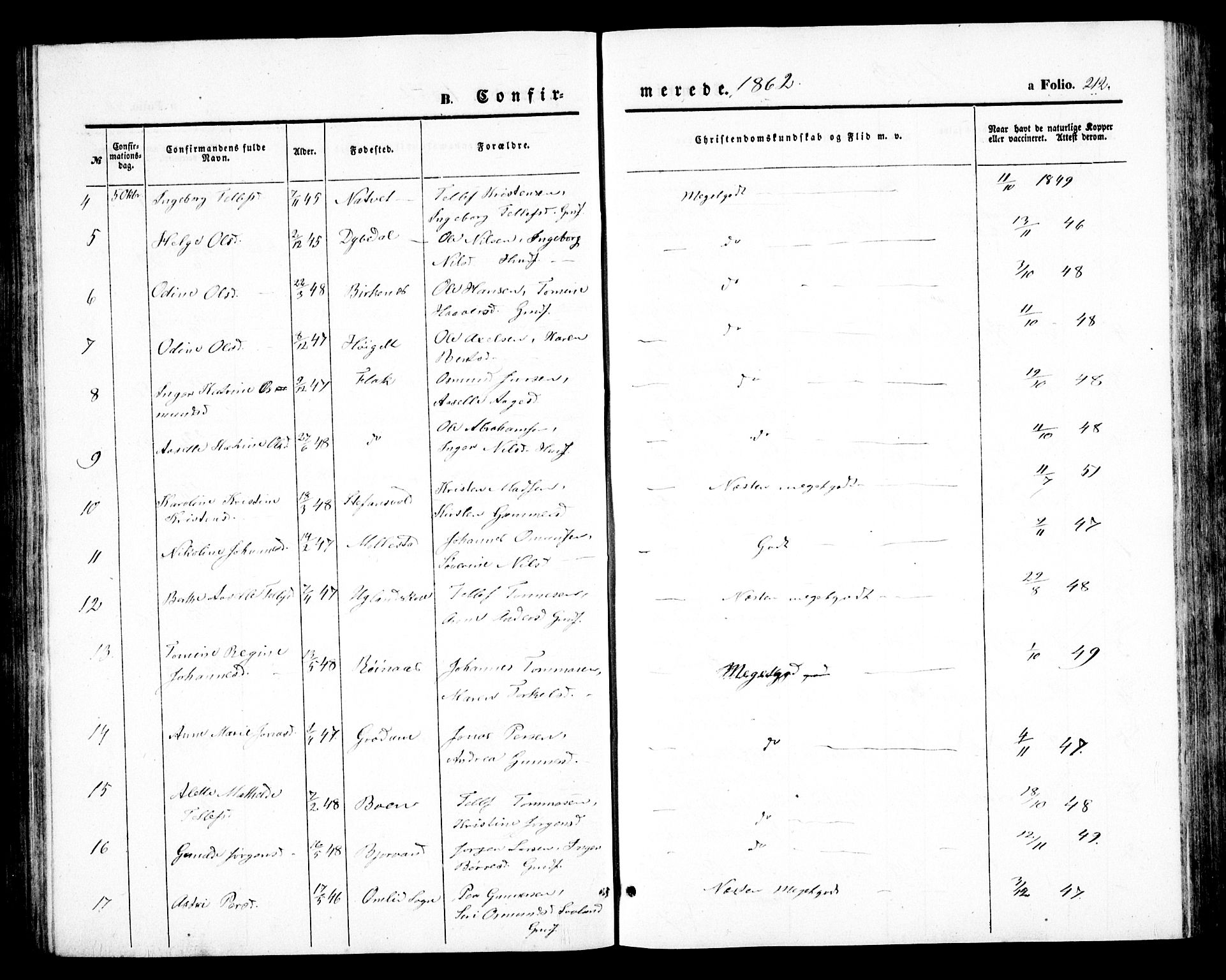 Birkenes sokneprestkontor, AV/SAK-1111-0004/F/Fb/L0002: Parish register (copy) no. B 2, 1849-1876, p. 212