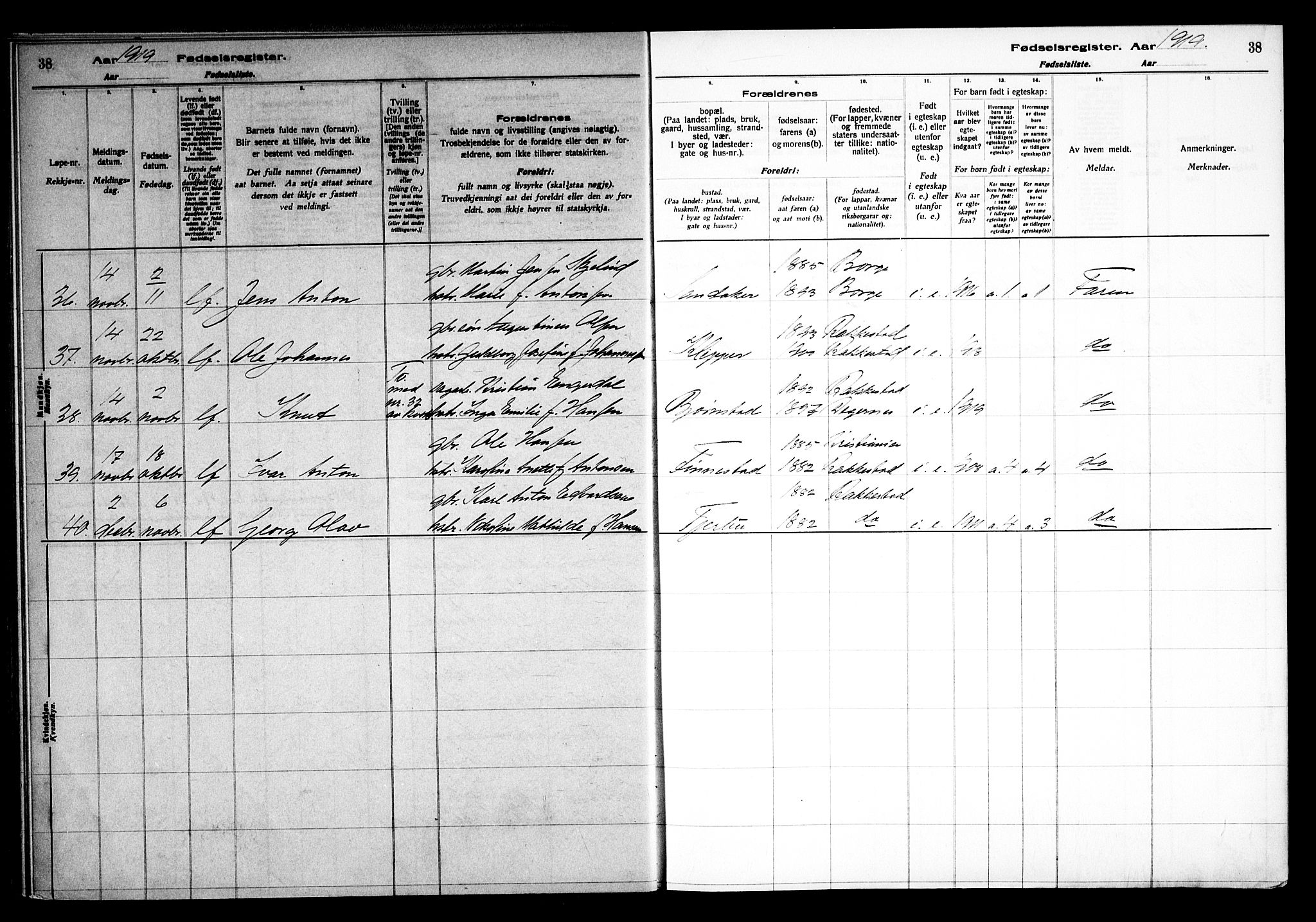 Rakkestad prestekontor Kirkebøker, AV/SAO-A-2008/J/Ja/L0001: Birth register no. I 1, 1916-1936, p. 38