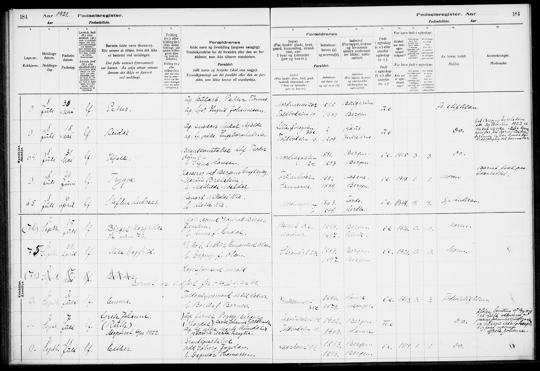 Nykirken Sokneprestembete, SAB/A-77101/I/Id/L00A1: Birth register no. A 1, 1916-1922, p. 184