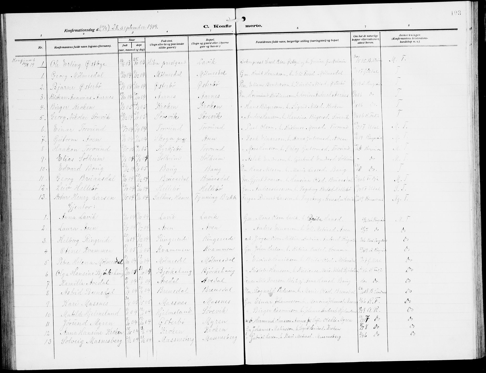 Lavik sokneprestembete, SAB/A-80901: Parish register (copy) no. A 3, 1911-1942, p. 103