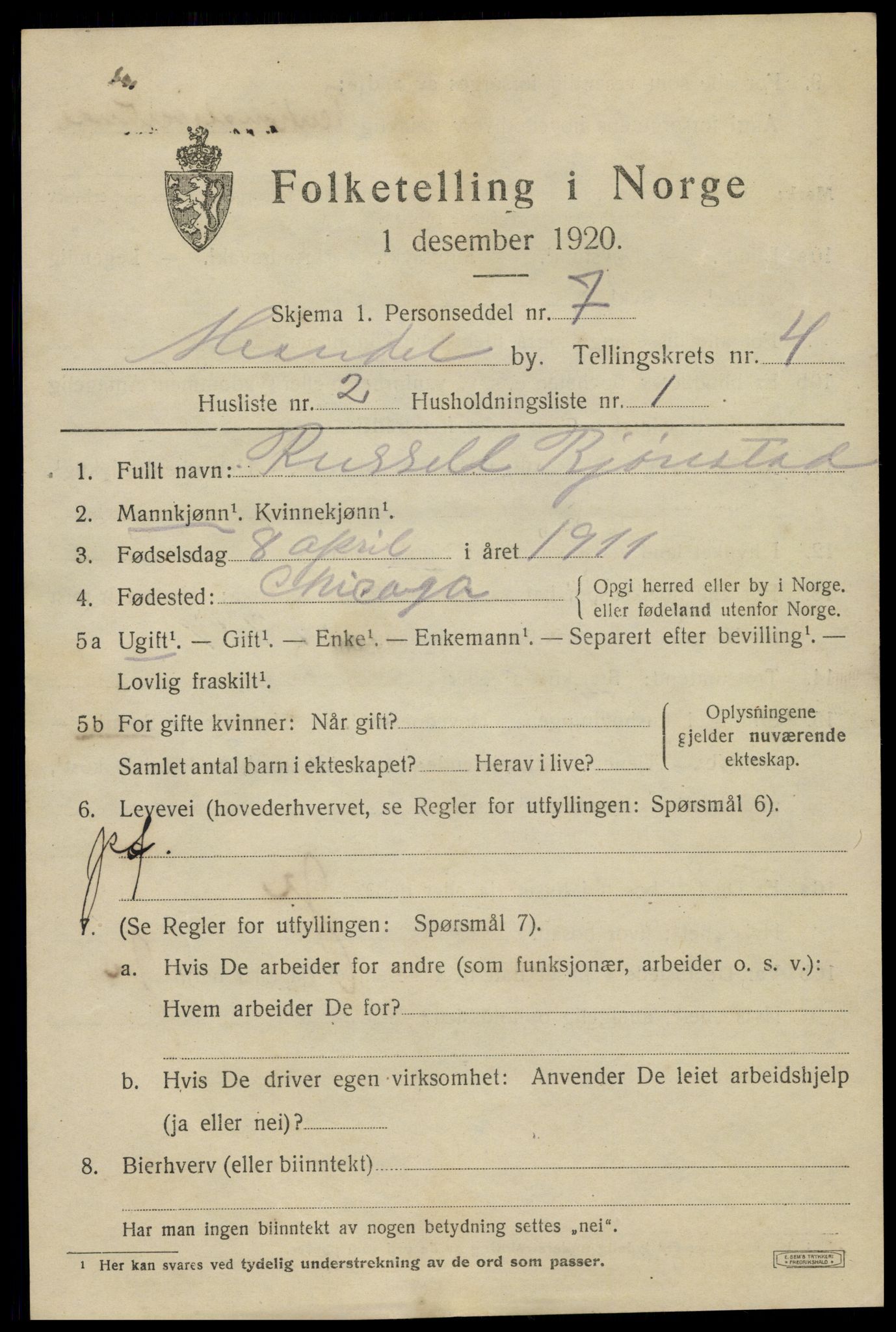 SAK, 1920 census for Mandal, 1920, p. 7037