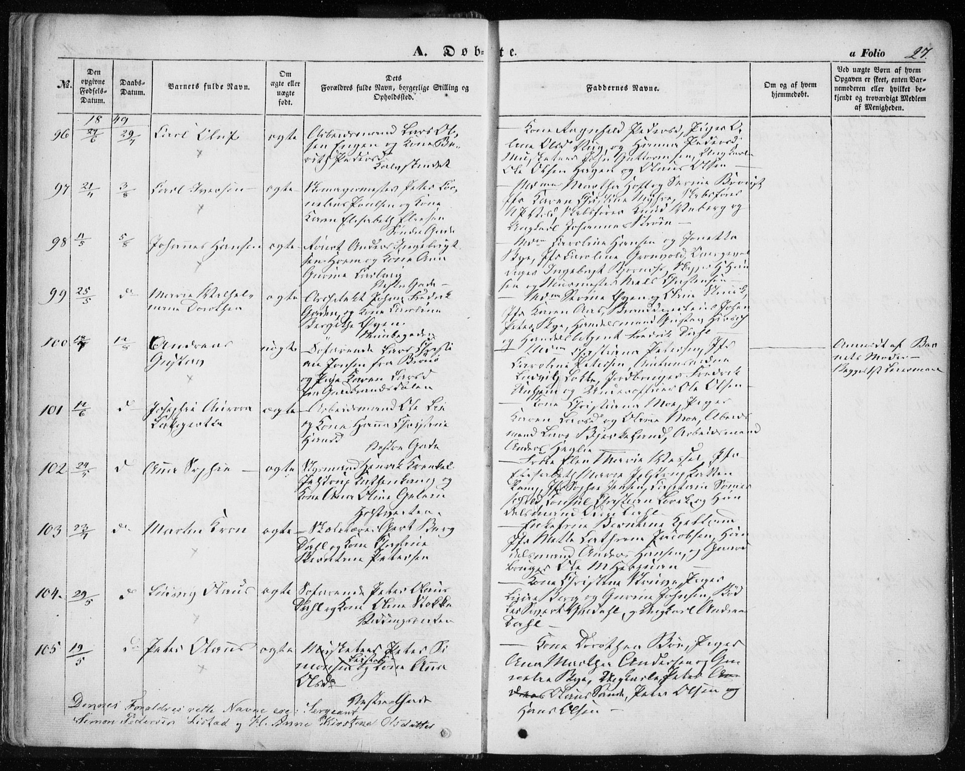 Ministerialprotokoller, klokkerbøker og fødselsregistre - Sør-Trøndelag, SAT/A-1456/601/L0051: Parish register (official) no. 601A19, 1848-1857, p. 27