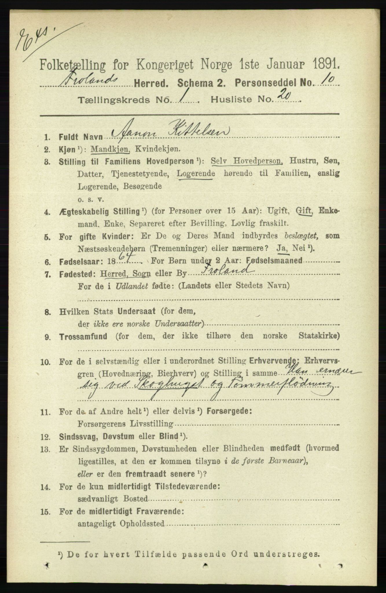 RA, Census 1891 for Nedenes amt: Gjenparter av personsedler for beslektede ektefeller, menn, 1891, p. 428