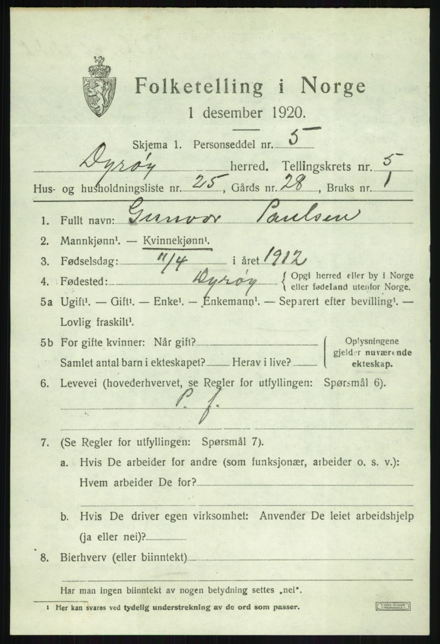 SATØ, 1920 census for Dyrøy, 1920, p. 3035