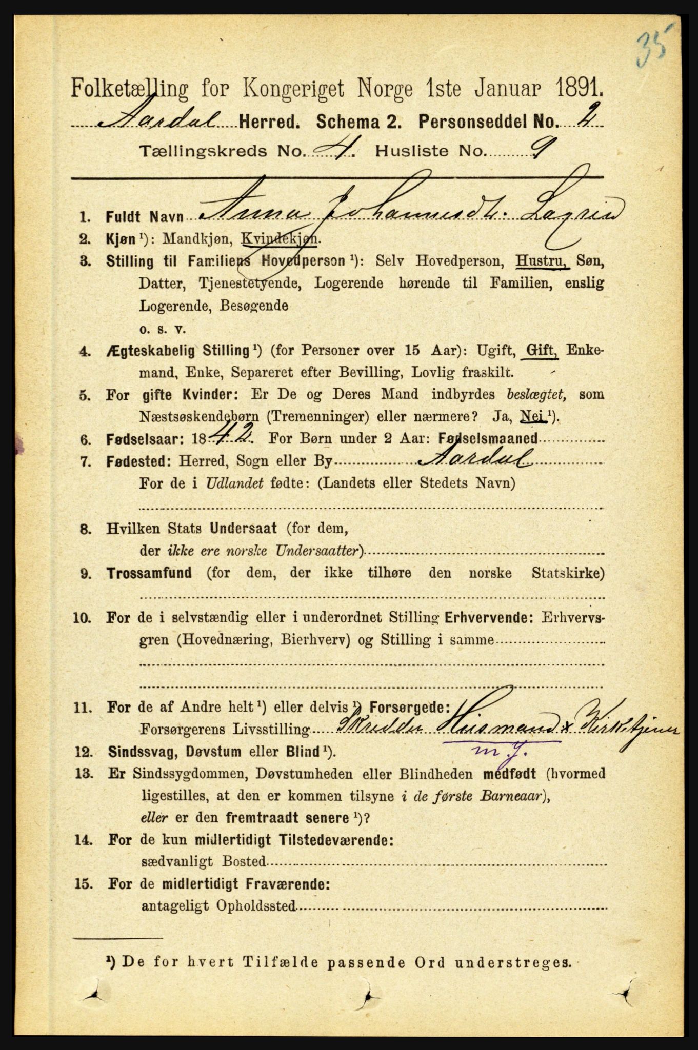 RA, 1891 census for 1424 Årdal, 1891, p. 691