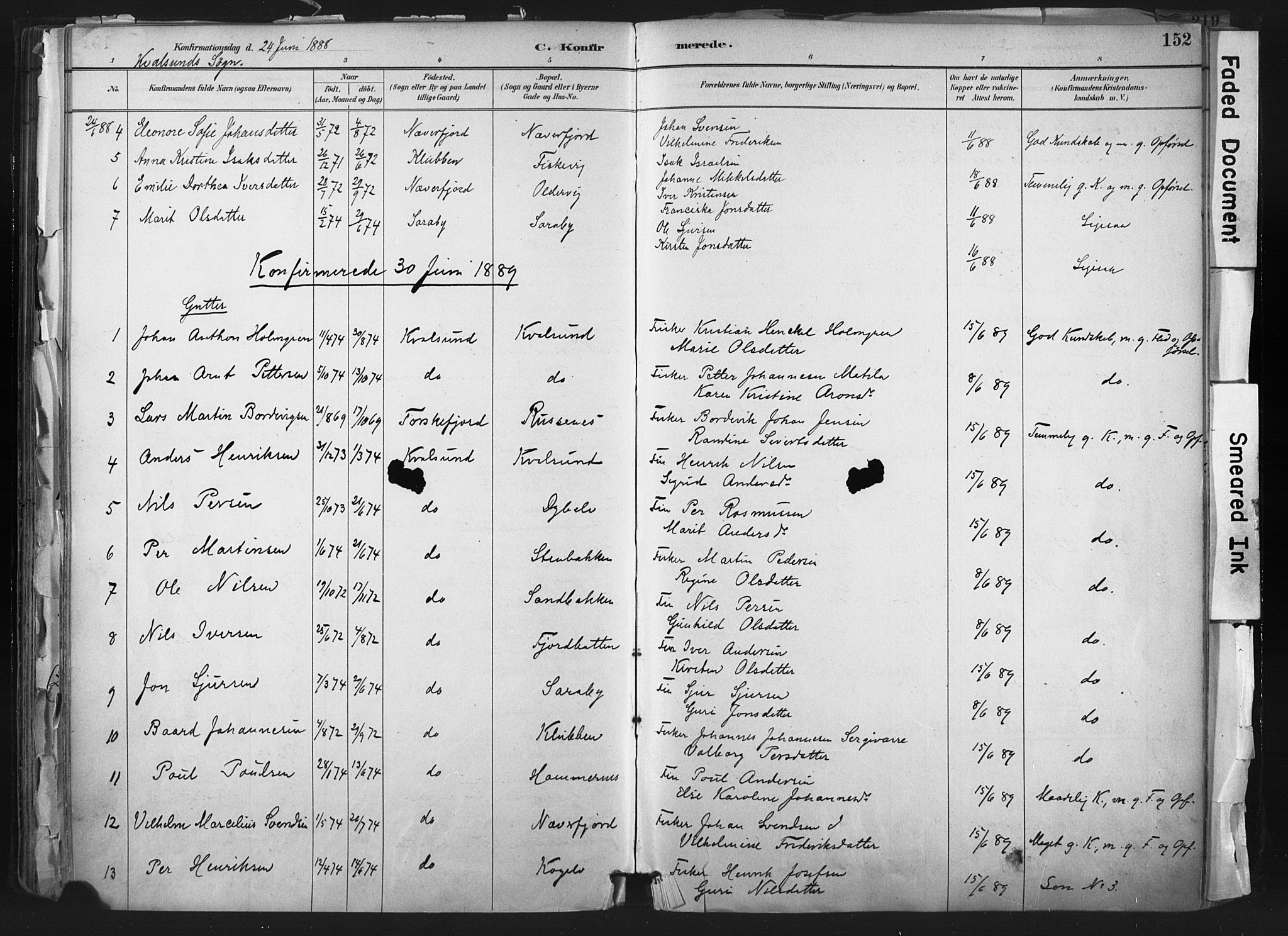 Hammerfest sokneprestkontor, AV/SATØ-S-1347/H/Ha/L0011.kirke: Parish register (official) no. 11 /2, 1885-1897, p. 152