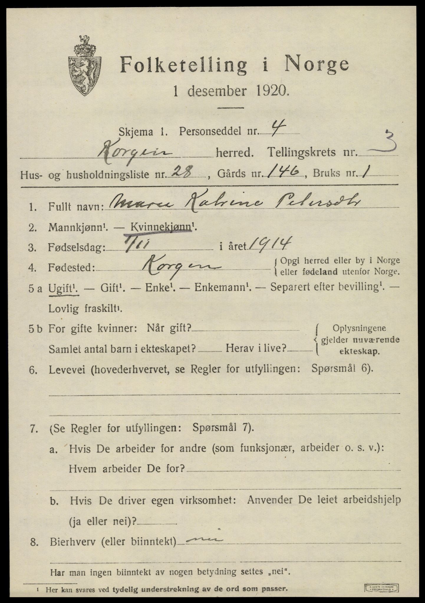 SAT, 1920 census for Korgen, 1920, p. 1734