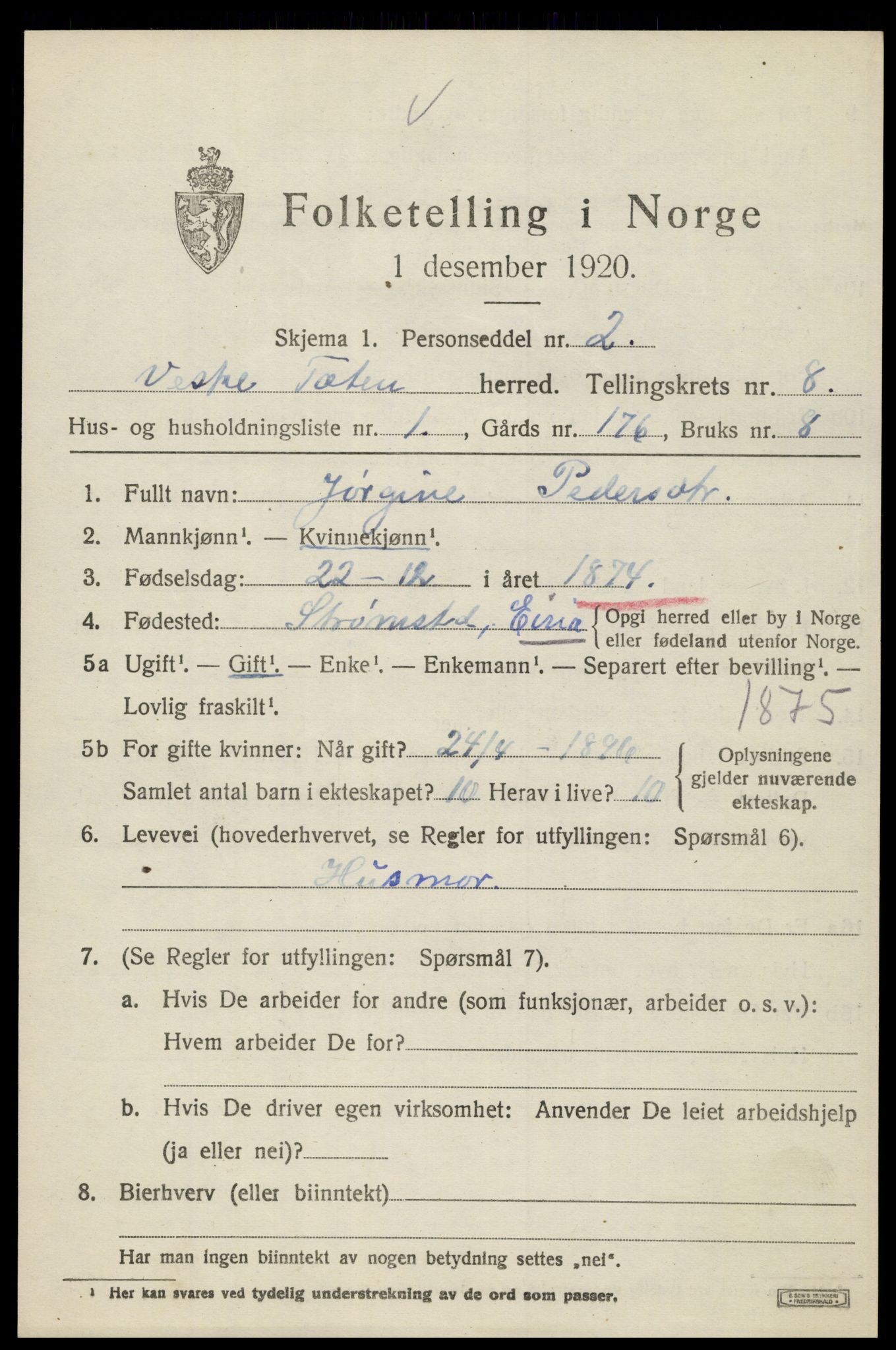 SAH, 1920 census for Vestre Toten, 1920, p. 9704