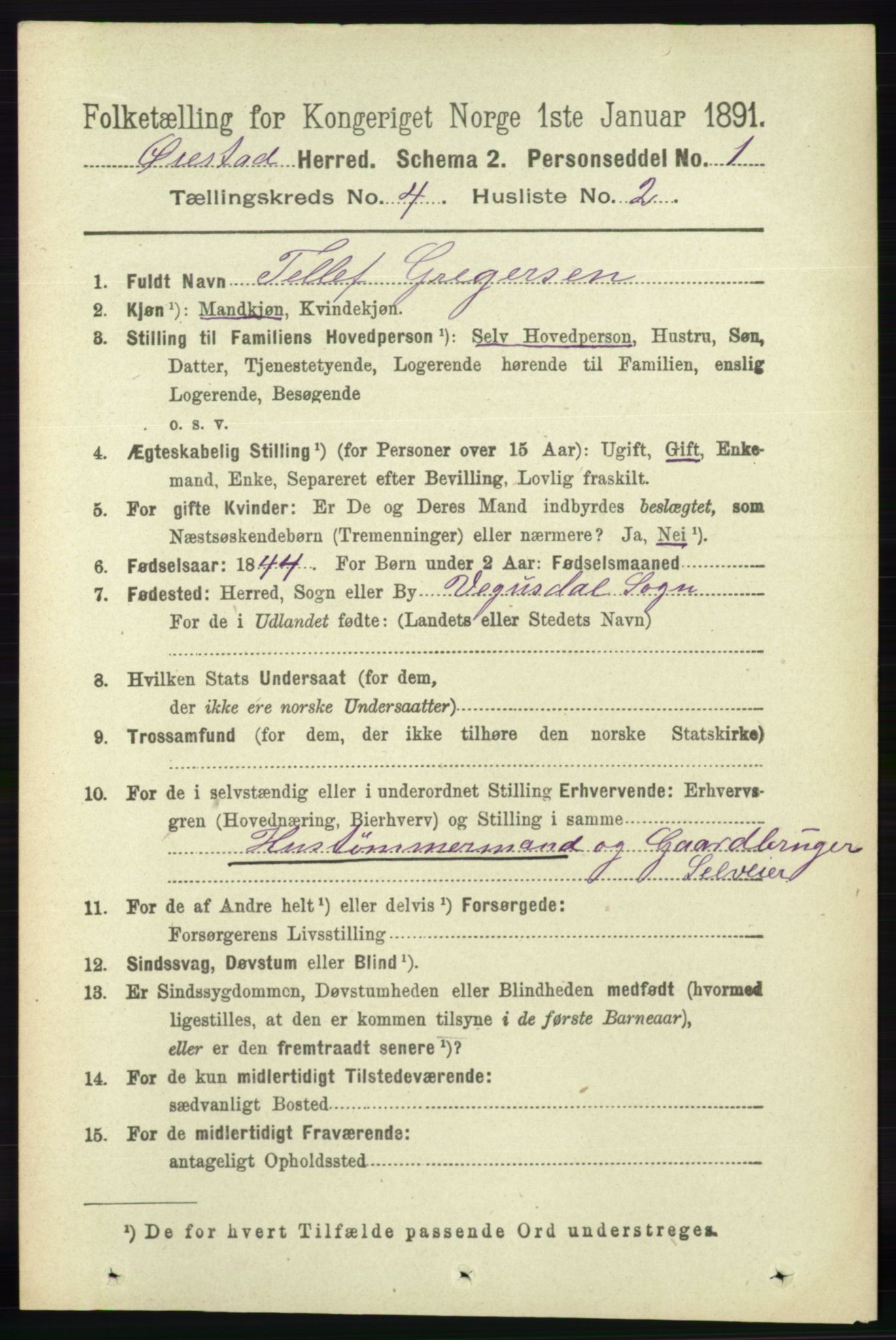 RA, 1891 census for 0920 Øyestad, 1891, p. 1398