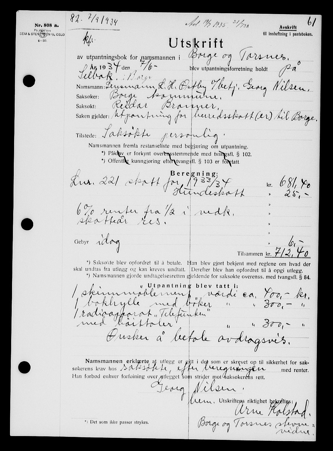 Tune sorenskriveri, AV/SAO-A-10470/G/Gb/Gbb/L0004: Mortgage book no. II 20-24, 1933-1935, Deed date: 07.09.1934