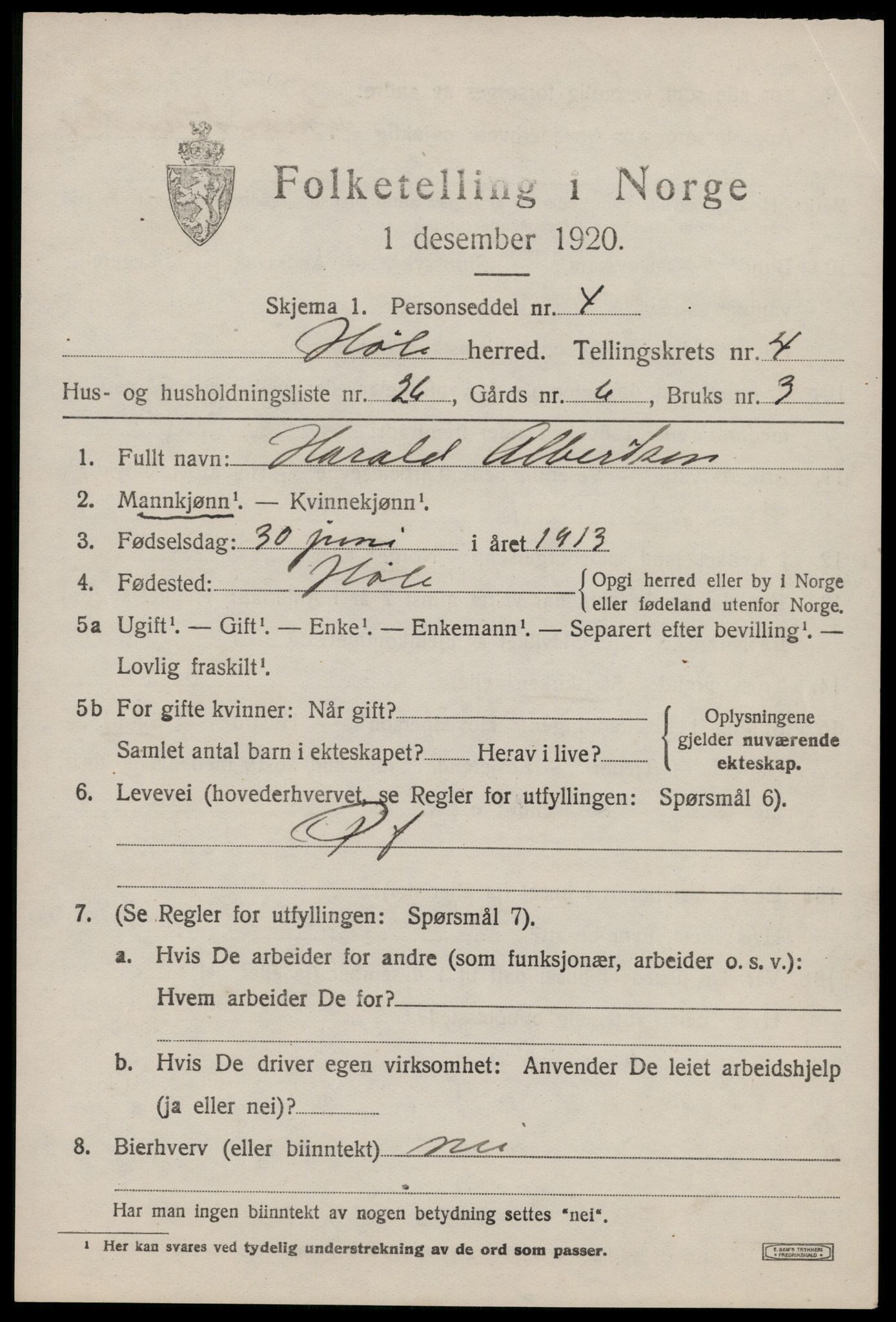 SAST, 1920 census for Høle, 1920, p. 1649