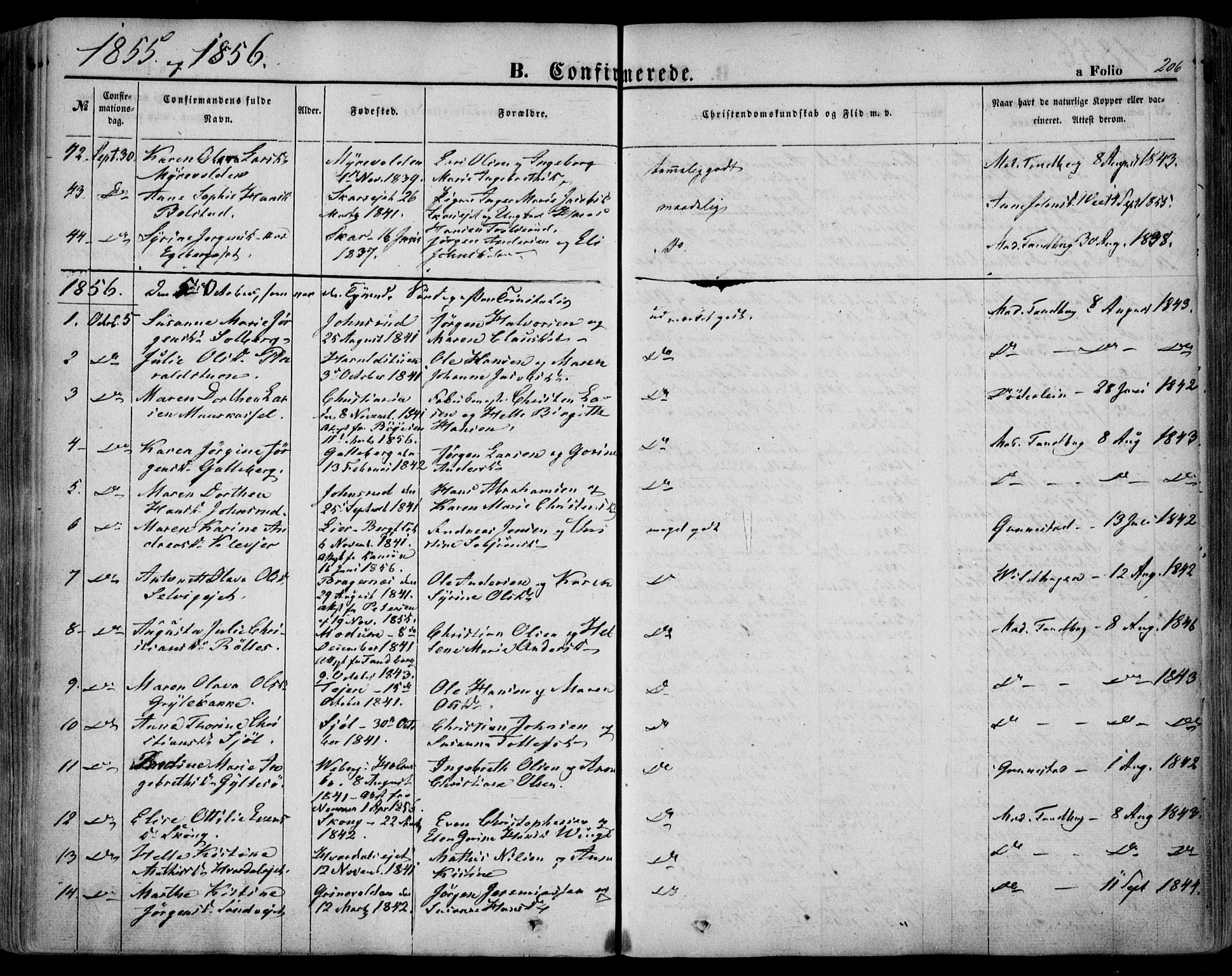 Sande Kirkebøker, SAKO/A-53/F/Fa/L0004: Parish register (official) no. 4, 1847-1864, p. 206