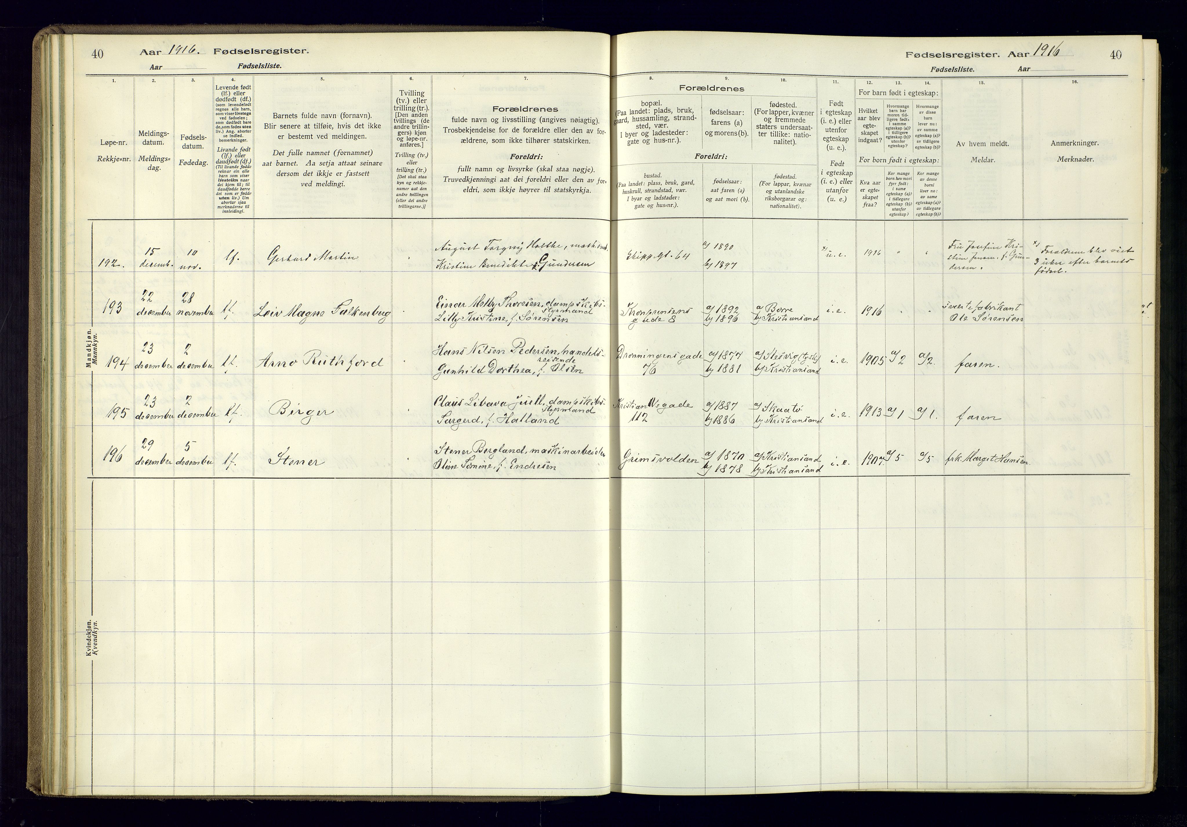 Kristiansand domprosti, AV/SAK-1112-0006/J/Jc/L0001: Birth register no. A-VI-45, 1916-1921, p. 40