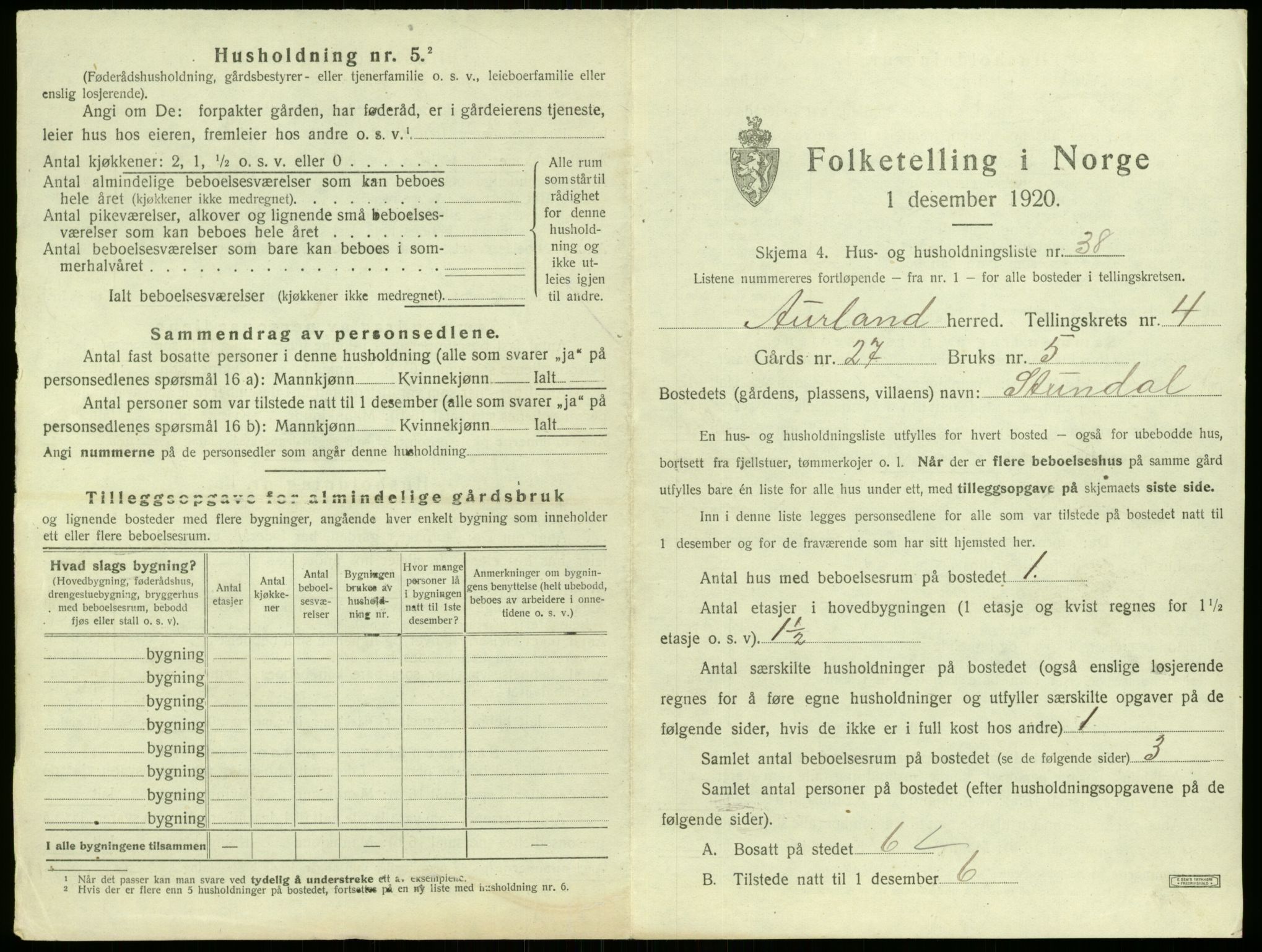 SAB, 1920 census for Aurland, 1920, p. 400