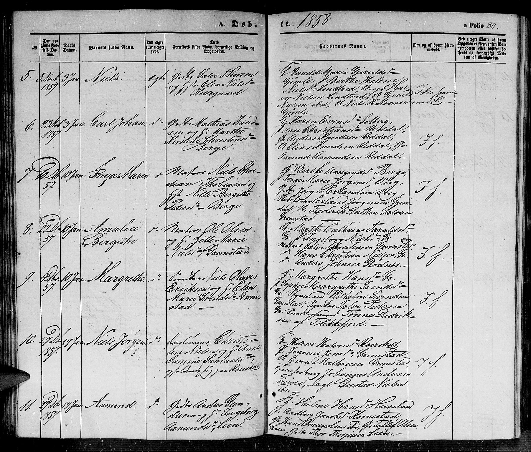 Fjære sokneprestkontor, SAK/1111-0011/F/Fb/L0008: Parish register (copy) no. B 8, 1854-1867, p. 80