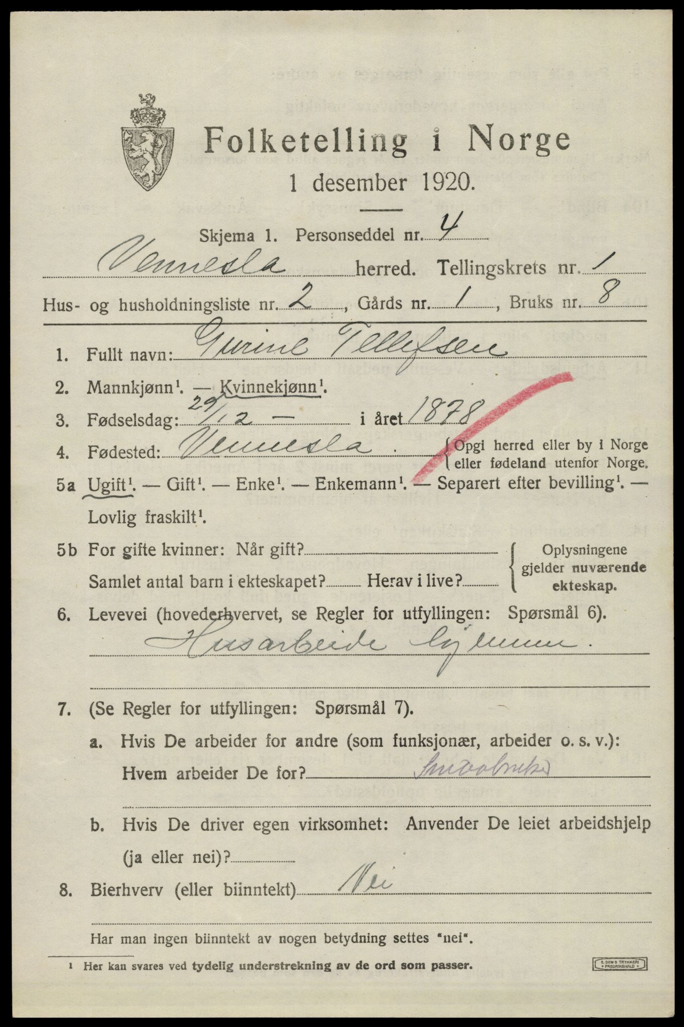 SAK, 1920 census for Vennesla, 1920, p. 950