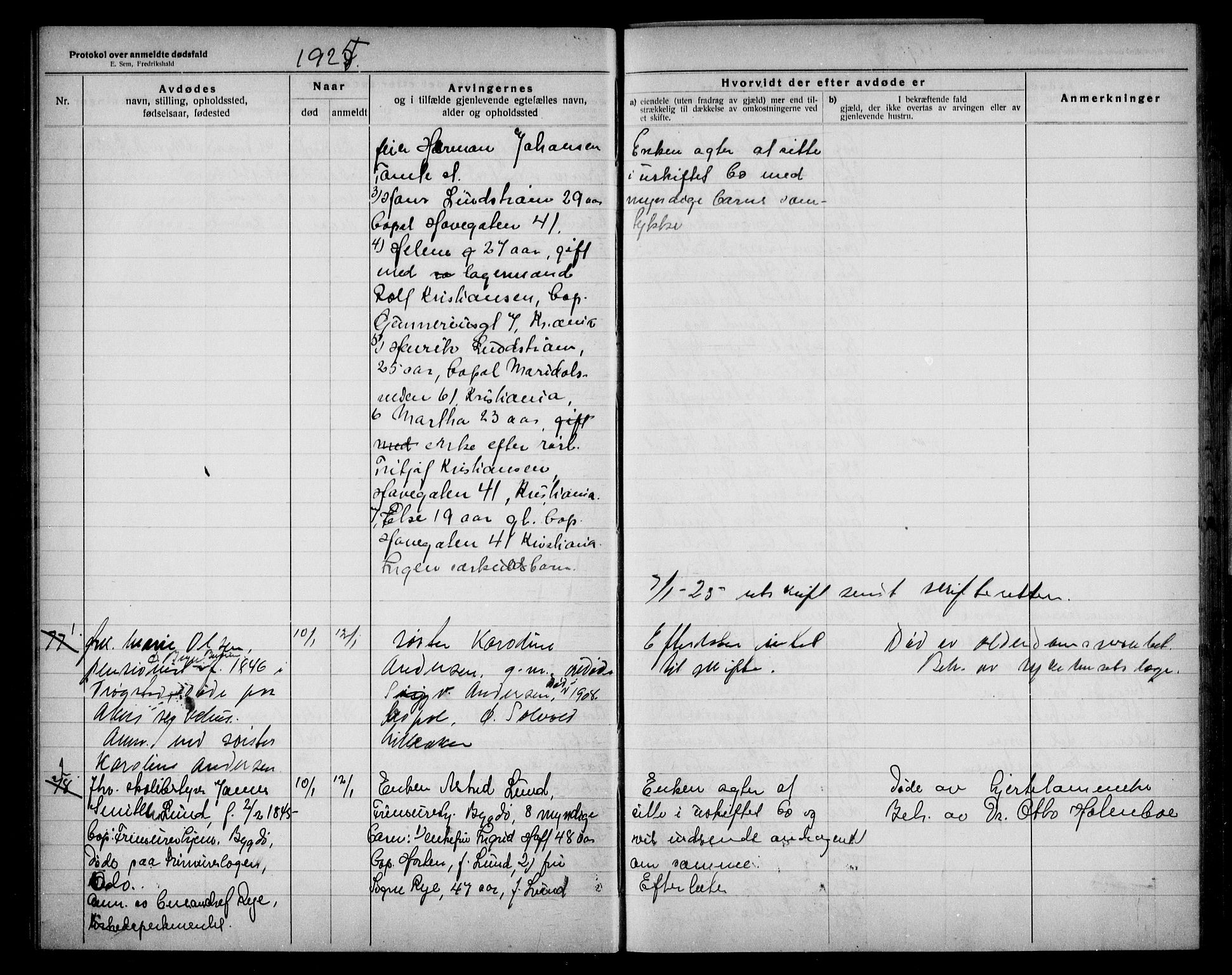 Aker kriminaldommer, skifte- og auksjonsforvalterembete, AV/SAO-A-10452/H/Hb/Hba/Hbae/L0001: Dødsfallsprotokoll for Ullern, 1922-1928